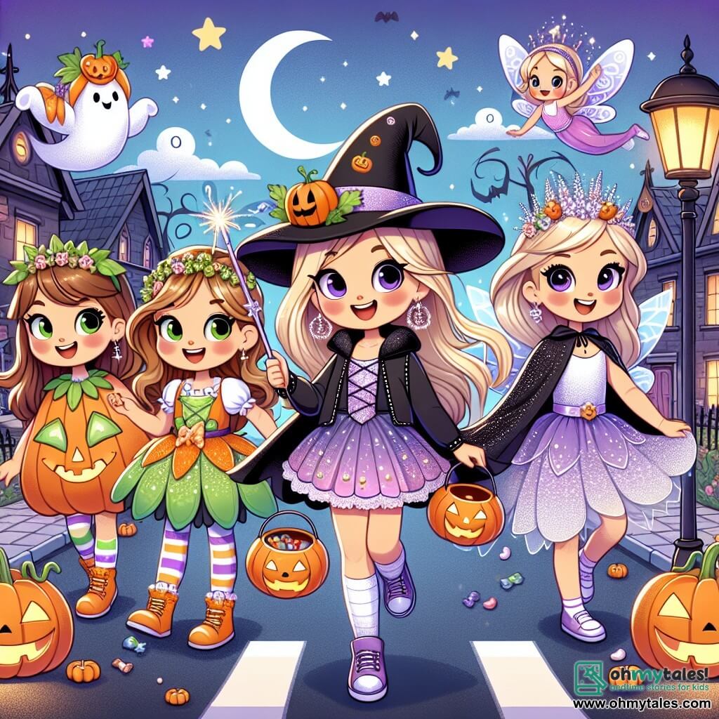 Four little girls are gathered on a street decorated for Halloween. Mia, an 8-year-old, is wearing an orange pumpkin costume with green leaves on her head, smiling while holding a candy bucket. Next to her, Lily, a 7-year-old, is dressed in a sparkling fairy dress with shiny wings, joyfully dancing. Emma, a 9-year-old, is disguised as a witch with a large black hat and a scary dress, making a magical gesture with her wand. Finally, Tara, an 8-year-old, wears a purple magical cape with silver stars, proudly standing in the center with her cape flowing in the wind. The setting is a lively street illuminated by pumpkin-shaped lanterns, with houses adorned with spider webs and paper ghosts. The moon shines in the starry sky, adding a mysterious atmosphere. The girls are heading together towards a house that looks haunted, filled with spooky decorations, ready for a magical and fun Halloween adventure.