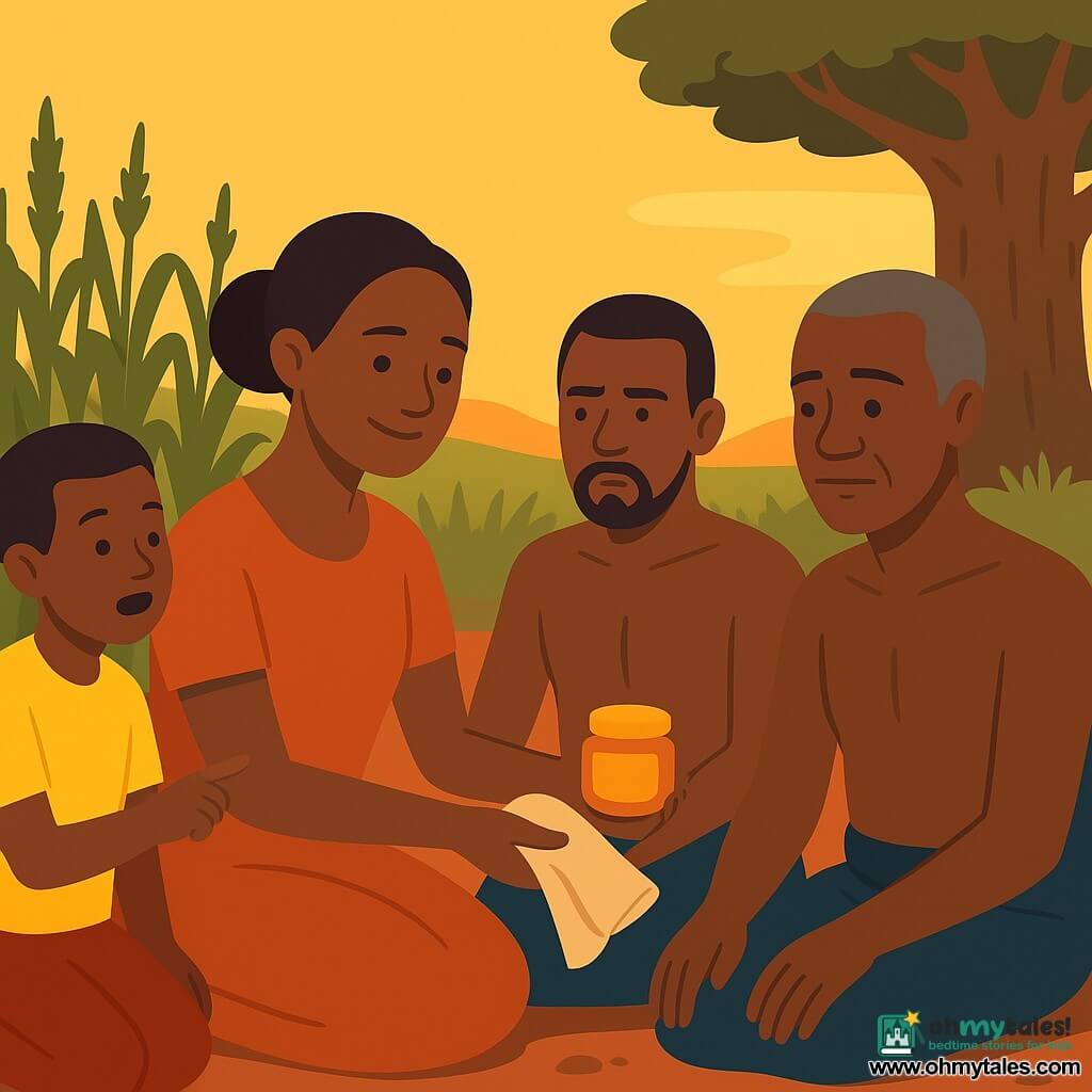 The main woman, Amina, calm and kind with a smiling face and gentle eyes, warm brown skin and black hair in a bun, sits on the ground facing two men while holding a small beige cloth and a honey-orange balm pot; a man of about 40 in a bright red wrap with a short beard, initially upset then attentive, sits to Amina's left with hands on his knees; another man about 45 in a deep blue wrap with short graying hair, ashamed then soothed, sits to her right looking at her; an approximately 8-year-old boy in a yellow shirt stands behind the men on the left, pointing at the scene, curious and awed; the setting is the edge of a dark green sorghum field with tall thin stems, a massive rough-barked baobab in the background, red-ochre soil with a few gray stones and dry grass; the scene is a peaceful sunset mediation as Amina offers the balm and cloth to seal a promise, the men soften, with warm colors, strong contrasts, simple composition and geometric forms.