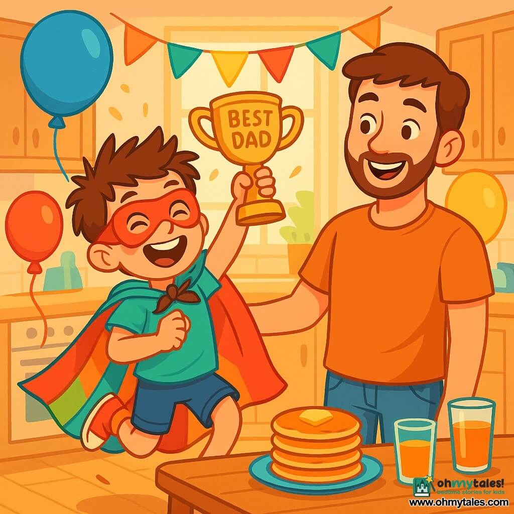 An 8-year-old boy named Oliver, with messy brown hair and sparkling eyes, is wearing a cape made of colorful sheets and a paper mask. He is jumping with joy, a big smile on his face, holding a clay trophy that says "Best Dad" in his hands. Next to him is his father, Mr. Jenkins, a man in his thirties with brown hair and a light beard, proudly smiling, dressed in a casual t-shirt and jeans. They are in a bright and warm kitchen, decorated with colorful balloons and homemade garlands, with a table filled with pancakes and orange juice. The main scene shows Oliver and his father celebrating Father's Day, surrounded by laughter and happiness in a festive and loving atmosphere.