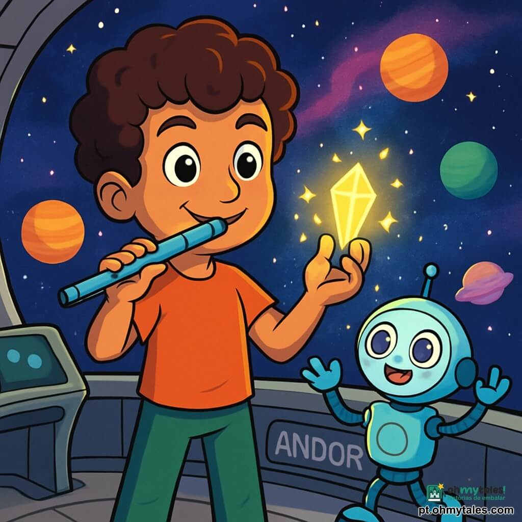 Tiago, um jovem de cabelos cacheados e olhos cheios de curiosidade, está em pé na ponte de sua nave espacial, a Andorinha. Seu rosto expressa uma determinação alegre, enquanto segura uma flauta-laser cintilante em uma mão e um cristal-lume brilhante na outra. Ao seu lado, Zinco, um pequeno robô de olhos redondos e brilhantes, dança com entusiasmo, agitando os braços no ar. A cena ocorre na imensidão do espaço, com estrelas cintilantes e nebulosas coloridas ao fundo. A nave é cercada por planetas de cores vivas, e um poema de luz se eleva do cristal-lume, iluminando o rosto de Tiago. Ele se prepara para tocar uma melodia em sua flauta-laser para despertar a luz de uma estrela apagada, enquanto faíscas de magia dançam ao redor, criando uma atmosfera de aventura e esperança.