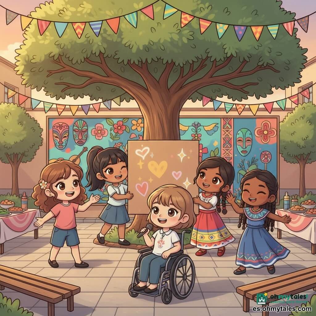 Cuatro niñas de 11 años en un festival de la diversidad en el patio de una escuela soleado bajo un gran roble: Valeria, piel clara, cabello castaño rizado, a la izquierda saludando con un gran gesto; Sofía, mestiza española-mexicana, cabello negro liso en coleta, cerca del centro mostrando orgullosa un gran mural; Ana, de raíces africanas, piel morena, cabello trenzado y vestido tradicional colorido, a la derecha bailando con movimientos gráciles; Carla, piel clara, cabello corto, sentada en una elegante silla de ruedas en primer plano con micrófono cantando con emoción; escenario con suelo empedrado, bancos de madera, banderolas y mesas con platos coloridos, mural detrás con símbolos de varias culturas (máscaras, flores, instrumentos), luces cálidas del atardecer, expresiones felices y colores saturados.
