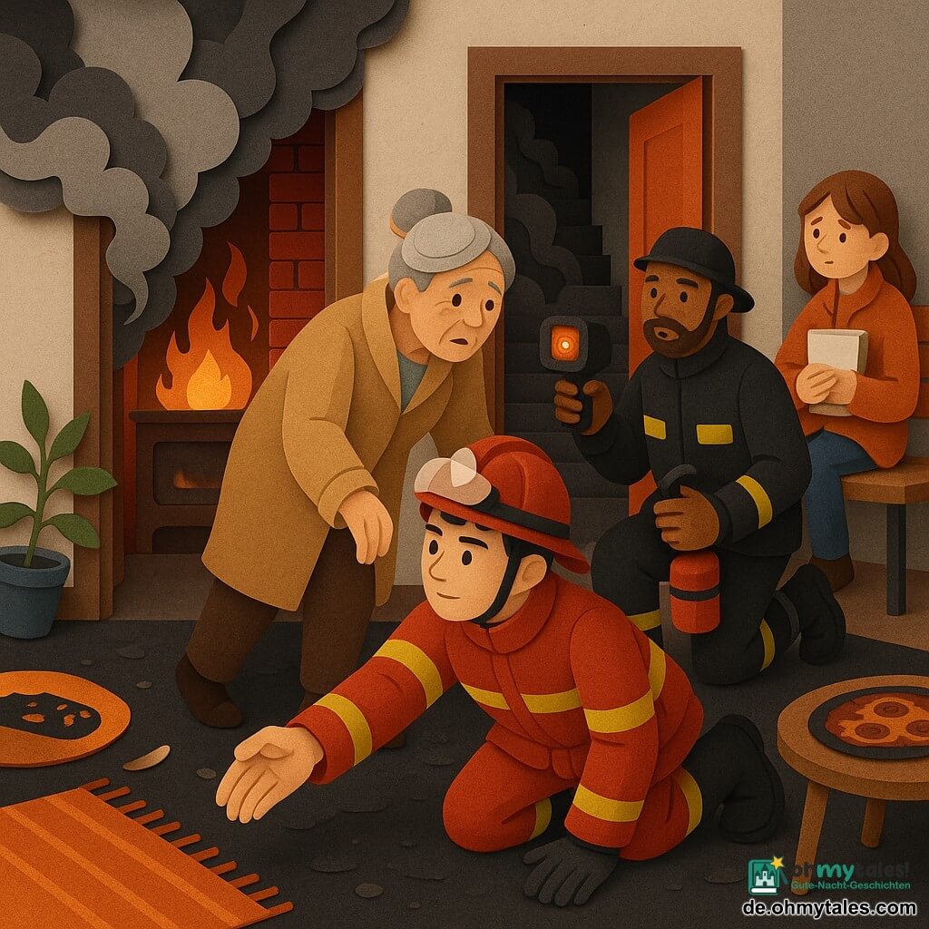 Ein ruhiger, entschlossener Feuerwehrmann, jung, kurze dunkle Haare, rote Einsatzkleidung mit reflektierenden Streifen, glänzender roter Helm und Atemschutzmaske am Stirnrand, krabbelt auf allen Vieren tief über dem verbrannten Boden und reicht der Hand, um eine ältere Frau zu führen; die Frau (≈70) mit grauem Dutt und zerknittertem beigen Mantel wirkt erleichtert und außer Atem, hält die Hand des Feuerwehrmanns und richtet sich nahe dem Türrahmen auf; ein Kollege (≈30), dunklere Haut, kurzer Bart, schwarze Einsatzkleidung, kniet hinter dem Hauptfeuerwehrmann und hält eine stilisierte Wärmebildkamera und einen kompakten Feuerlöscher; ein Mädchen (≈11) mit braunen Haaren und zu großer Jacke sitzt draußen auf einer Bank am Gehsteig, schaut bewundernd und besorgt, die Hände um ihr Notizbuch; ein enger, dunkler Treppenaufgang füllt sich mit grauem Rauch, rote, rußbefleckte Ziegelwände, geöffnete Wohnungstür mit weichem orangefarbenem Schein (kontrolliertes Feuer auf dem Herd); Situation: niedrige, methodische Evakuation—Feuerwehrleute kriechen bodennah, die Frau wird Schritt für Schritt geleitet, umgestoßene Gegenstände (Pflanze, Fransen-Teppich, verkohlte Pizza) erhöhen die Authentizität; klare, farbige Formen, Papier-Schichtoptik, einfache Schatten und starke Kontraste, dramatische und zugleich beruhigende Atmosphäre.