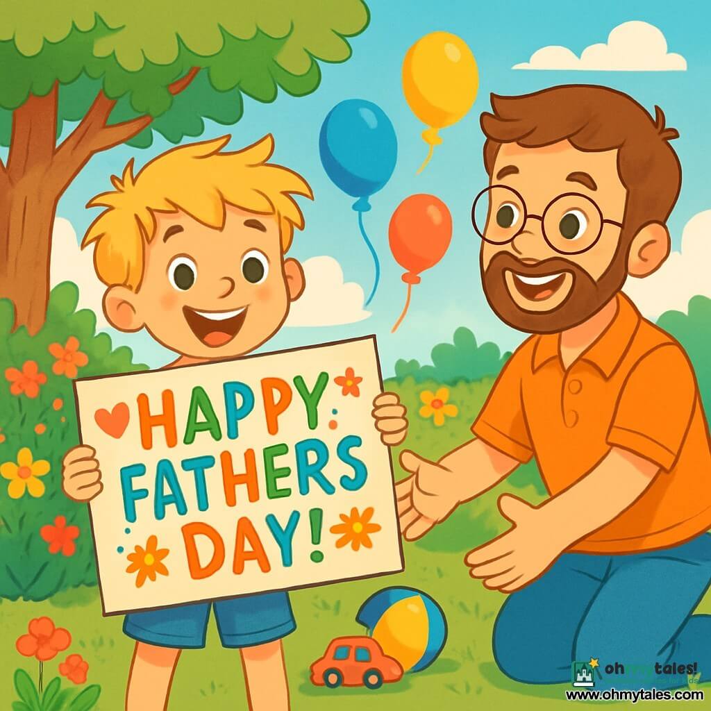 A 6-year-old boy, Charlie, with messy blonde hair and sparkling eyes, is smiling widely while holding a large colorful sign that says "Happy Father's Day!" in childlike handwriting. Next to him, his father, a man in his thirties with a soft beard and glasses, looks at him with a warm smile, arms open, ready to embrace him. They are in a sunny garden filled with bright flowers, with a large green tree providing shade. The ground is covered in soft green grass, scattered with toys and stacked chairs, indicating a day of play. The main scene shows Charlie and his father celebrating Father's Day together in a joyful atmosphere, with colorful balloons floating in the air and a clear blue sky in the background.