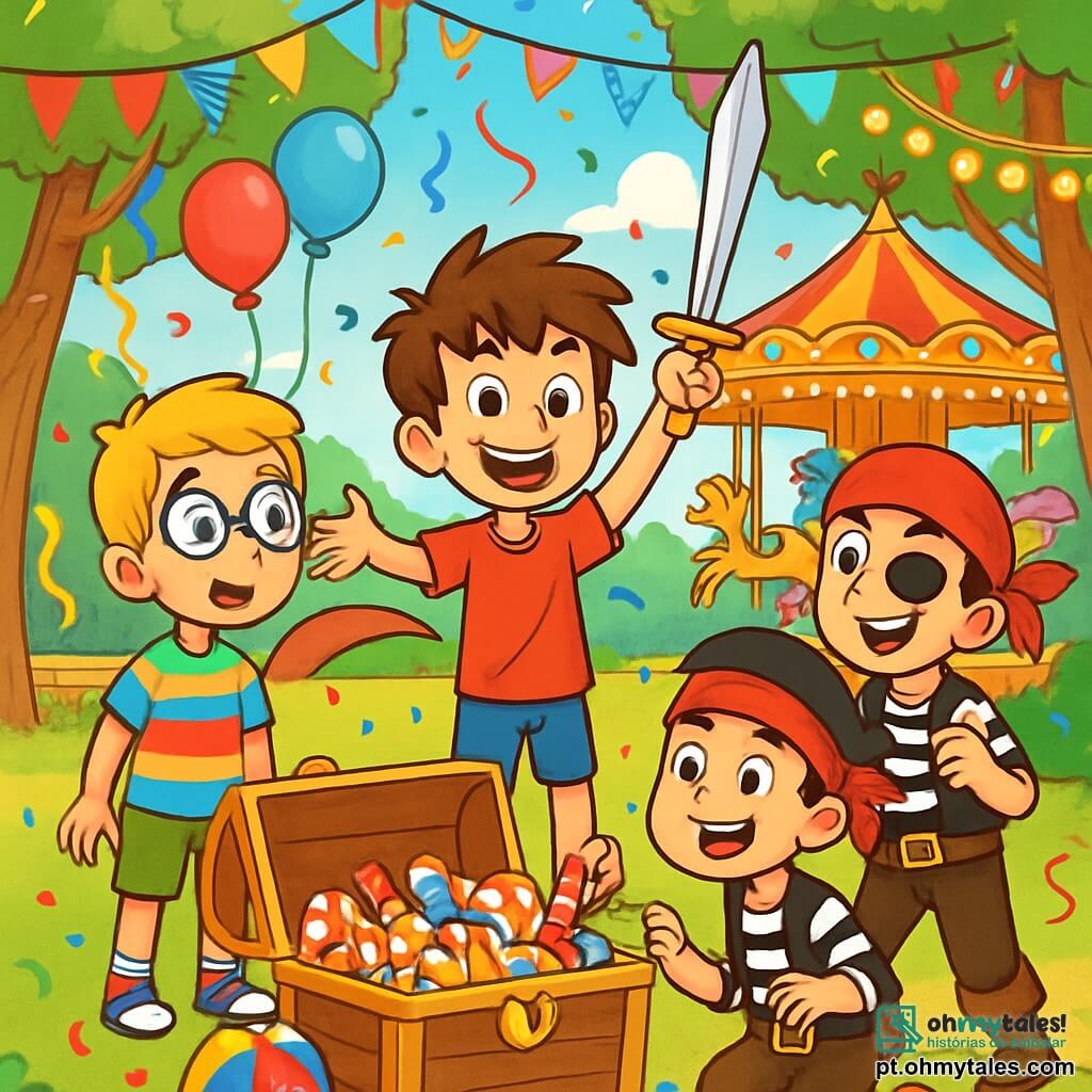 Há 4 personagens: - Lucas: um garoto de 11 anos, com cabelos castanhos bagunçados e um sorriso travesso, vestindo uma camiseta vermelha e um short azul. Ele está em pé no centro, com os braços abertos, cheio de entusiasmo. - Tomás: um garoto de 11 anos, com cabelos loiros e óculos redondos, vestido com uma camisa listrada colorida e um short. Ele está à esquerda de Lucas, olhando maravilhado para o carrossel. - Miguel: um garoto de 12 anos, com cabelos negros e um bandana vermelho, vestido como um pirata com uma blusa listrada preta e uma calça de couro. Ele está à direita de Lucas, brandindo uma espada de plástico com um grande sorriso. - Pedro: um garoto de 11 anos, com cabelos castanho e um tapa-olho, vestindo um traje de pirata semelhante ao de Miguel. Ele está atrás de Miguel, rindo e apontando para o carrossel. O local é um parque central vibrante, cheio de decorações de carnaval: árvores adornadas com serpentinas coloridas, luzes cintilantes e barracas de guloseimas. Ao fundo, um carrossel de madeira pintado, com cavalos coloridos e lanternas luminosas, gira alegremente ao som da música festiva. A cena principal mostra os quatro amigos em uma aventura, procurando um tesouro escondido, cercados de risadas e cores, com balões flutuantes e confetes no ar, enquanto descobrem um grande baú no centro do parque, cheio de doces e brinquedos.