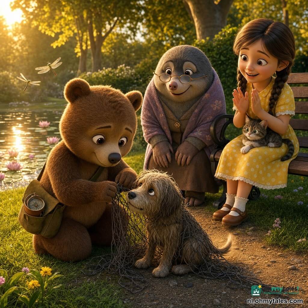 Een klein bruin teddy-achtig beertje met grote glanzende ogen knielt en lost voorzichtig een net om een nat, trillende hond met dunne vacht, terwijl mevrouw Mol, een ronde grijze oude dame, bemoedigend achter hem staat, een meisje met twee vlechten in een geel stippenjurkje naast een bankje zachtjes applaudisseert met een kat op schoot; ze staan in een zonovergoten park bij een vijver met waterlelies en libellen, op groen gras en een kiezelpad, in warme gouden lichtinval en een vriendelijke, ronde 3D-stijl.