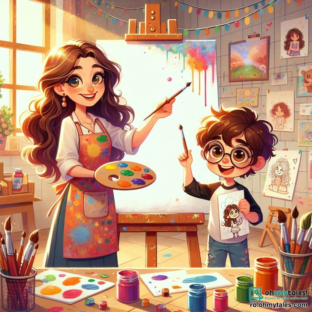 O artistă, Maria, de aproximativ 30 de ani, cu părul lung, ondulat și ochi strălucitori de creativitate, stă în fața unei mari pânze albe. Poartă un șorț colorat, pătat cu vopsea, și zâmbește entuziast, ținând o paletă de culori vii într-o mână și un penson în cealaltă. Lângă ea, un băiat de 10 ani, Andrei, cu părul castaniu și ochelari rotunzi, privește cu admirație pânza, ținând un schiț al propriei lucrări. Atelierul lor este luminos, plin de borcane cu vopsea strălucitoare, pensule de toate dimensiunile și desene agățate pe pereți. Lumina soarelui filtrează printr-o fereastră mare, iluminând spațiul creativ. În această scenă, Maria îi explică lui Andrei cum să adauge culori la desenul său, în timp ce el pare atât de curios, cât și încântat, pregătit să învețe și să creeze.
