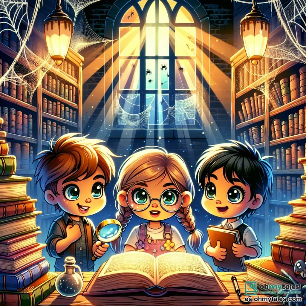 Un niño de 6 años, Lucas, con el cabello castaño desordenado y ojos llenos de curiosidad, sostiene una lupa en su mano derecha, su rostro radiante de emoción. Está agachado frente a un viejo libro abierto, rodeado de polvo, en una biblioteca misteriosa. A su lado, su mejor amiga Sofía, una niña de 6 años con trenzas rubias y gafas redondas, mira el libro con una sonrisa maravillada, sosteniendo un cuaderno en su mano izquierda. Mateo, un niño de 6 años con cabello negro y gafas de sol en la frente, se inclina para examinar un viejo papel que ha caído al suelo, luciendo concentrado y curioso. La biblioteca está llena de estanterías de madera oscura, cargadas de libros coloridos, con rayos de luz filtrándose a través de grandes ventanas polvorientas. Telarañas se dibujan en las esquinas, añadiendo un toque de misterio a la atmósfera. Lucas, Sofía y Mateo descubren el secreto de un tesoro escondido, con sus rostros iluminados por la emoción de la aventura, mientras examinan el misterioso viejo libro y el mapa que podría llevarlos a su búsqueda.