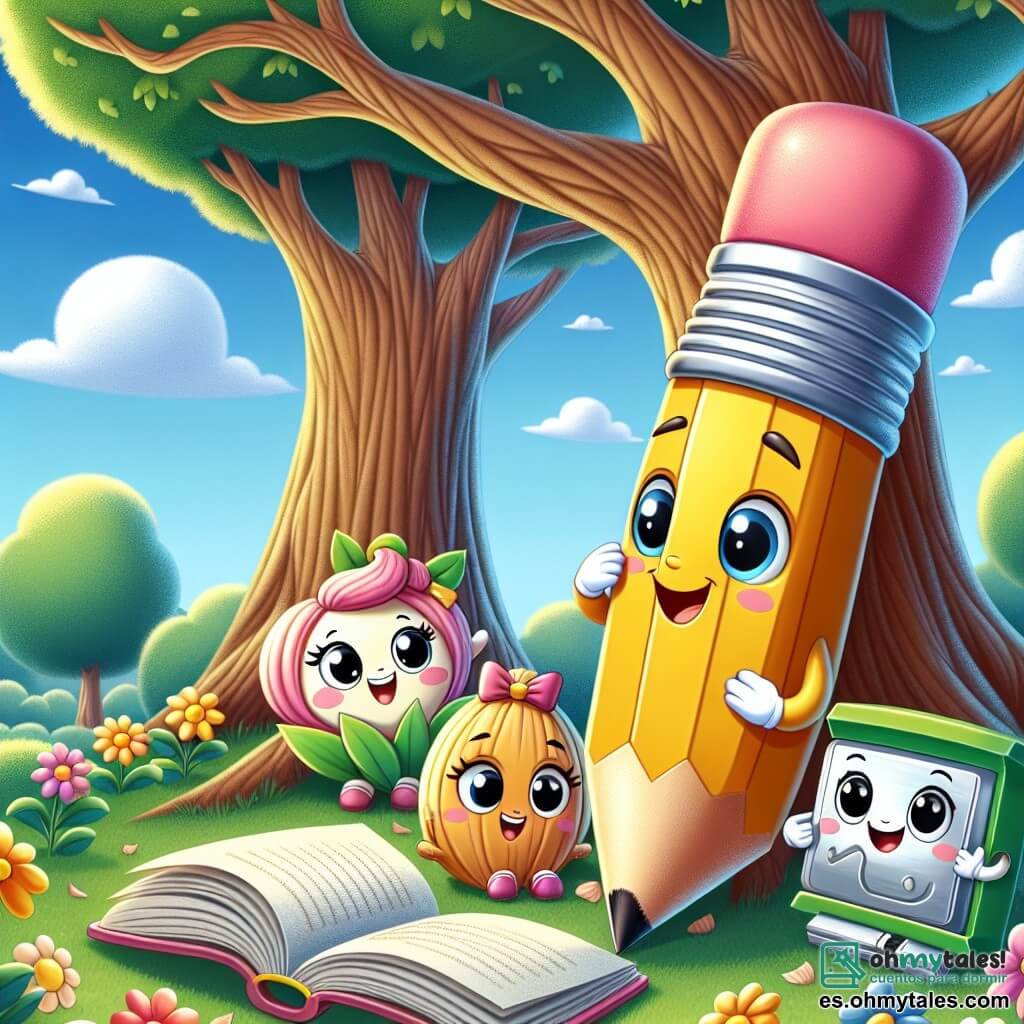 Remberto, un pequeño lápiz amarillo con una sonrisa traviesa y ojos brillantes, está sentado bajo un gran roble, sosteniendo un libro abierto entre sus patas, emocionado y listo para compartir una nueva aventura. A su lado, Betty, una goma rosa con mejillas redondas y un aire travieso, hace piruetas en el aire, riendo alegremente mientras intenta no desaparecer. Tito, un sacapuntas azul brillante, está de pie, con los brazos cruzados y una mirada decidida, observando atentamente las páginas del libro, mientras que Clara, una regla verde, se mantiene erguida a su lado, con una expresión seria, midiendo la distancia entre los libros. El lugar es un parque soleado, lleno de flores coloridas y árboles majestuosos, con un cielo azul claro salpicado de nubes blancas y esponjosas. La situación principal muestra a Remberto y sus amigos en plena búsqueda de un tesoro escondido en un libro, rodeados de una atmósfera de alegría y emoción, listos para descubrir historias increíbles juntos.