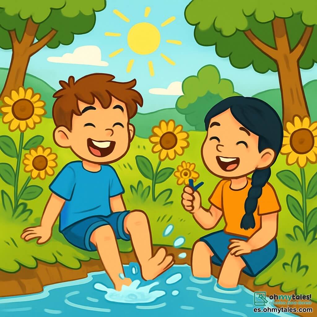 Un niño de 10 años, Tomás, con cabello castaño desordenado y una gran sonrisa, está sentado al borde de un pequeño arroyo. Lleva una camiseta azul brillante y pantalones cortos de mezclilla, con los pies descalzos en el agua clara, salpicando alegremente. A su lado, una niña de su edad, Lucía, con largos cabellos negros trenzados y ojos chispeantes, ríe mientras sostiene una pequeña flor amarilla que acaba de recoger. Están rodeados de campos de girasoles dorados que bailan bajo el sol brillante, y árboles verdes se alzan al fondo. La escena irradia felicidad y amistad, con rayos de sol filtrándose a través de las hojas, creando sombras danzantes en el suelo. Tomás y Lucía se preparan para zambullirse en el arroyo para un día de juegos y aventuras.