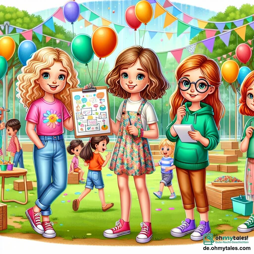 In einem bunten Park stehen vier zwölfjährige Mädchen zusammen. **Mia**, ein Mädchen mit lockigem blonden Haar, trägt ein pinkes T-Shirt und eine Jeansshorts, sie lächelt und hält ein Plakat für ihr Projekt. Neben ihr steht **Lena**, mit glattem braunem Haar, in einem Blumenkleid und schaut auf die spielenden Kinder, ihr Gesicht strahlt vor Begeisterung. **Sara**, mit braunem Haar und Brille, trägt ein grünes T-Shirt und eine Hose, sie macht sich Notizen in einem kleinen Notizbuch und ist konzentriert auf die Organisation der Veranstaltung. Schließlich tanzt **Anna**, mit lockigem rotem Haar, in einem blauen Hoodie und Leggings fröhlich und zieht die Aufmerksamkeit der Kinder um sie herum auf sich. Der Park ist voller lebendiger Farben, mit schwebenden Ballons, Holzspielen und Tischen, die mit Essen gedeckt sind. Kinder unterschiedlichen Alters spielen zusammen, während Familien fröhlich plaudern. Im Hintergrund sieht man üppige Bäume und leuchtende Blumen, die eine festliche und einladende Atmosphäre schaffen. Die Hauptsituation zeigt die vier Freundinnen, die ein großes Festival organisieren, um bedürftigen Familien zu helfen, und dabei Lächeln und Freude sammeln sowie die Kinder für die Bedeutung von Hilfe und Solidarität sensibilisieren.