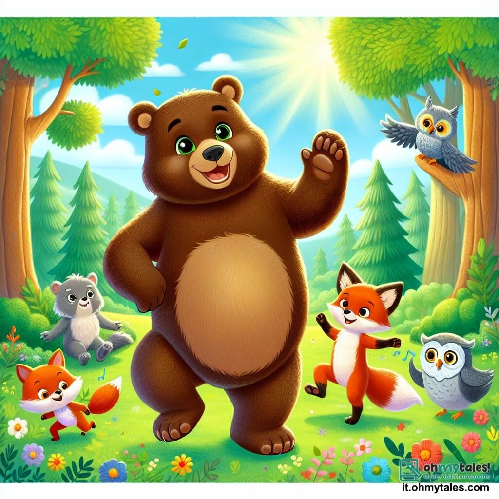 L'orso Bruno, un grande orso bruno dagli occhi scintillanti e dal pelo morbido, si trova al centro di un radura soleggiata, con un sorriso radioso sul volto, circondato dai suoi amici per festeggiare il suo compleanno. Alla sua destra, la volpe Fiamma, una piccola volpe rossa con una coda folta e occhi maliziosi, salta di gioia agitando le zampe anteriori, piena di entusiasmo e felicità. A sinistra, il saggio gufo, con le sue piume grigie e occhiali rotondi, osserva la scena con un sorriso benevolo, seduto su un ramo, pronto a cantare una canzone di compleanno. Il decor è una radura verdeggiante, circondata da alberi maestosi con foglie brillanti, con fiori colorati sparsi sul terreno e un cielo blu chiaro punteggiato di nuvole soffici. La scena mostra Bruno, circondato dai suoi amici animali, mentre ballano e cantano gioiosamente, celebrando insieme un momento di felicità e amicizia sotto il grande albero al centro della radura.