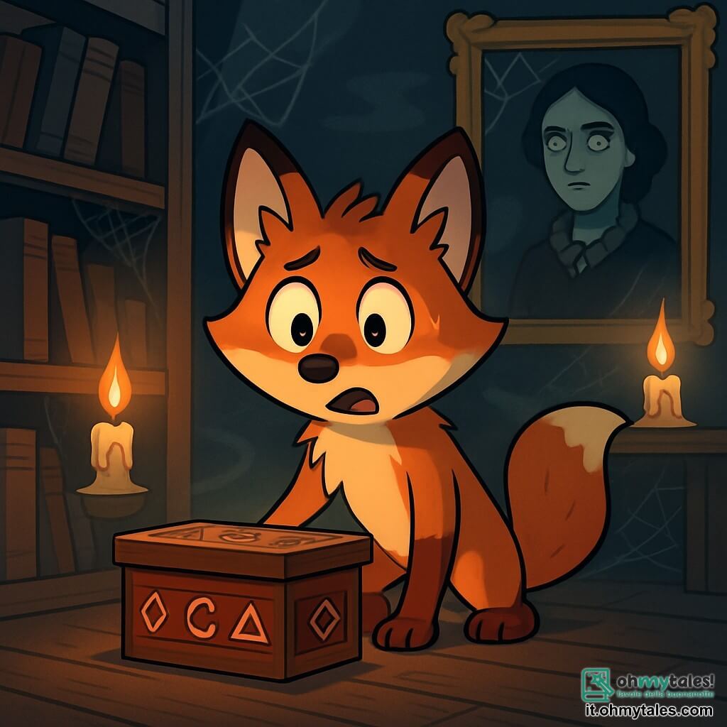 Un giovane volpe dal pelo fulvo e dagli occhi brillanti e curiosi si trova al centro di una vecchia biblioteca polverosa, il suo volto tradisce un'emozione di paura mista a eccitazione. Guarda con stupore una misteriosa scatola di legno decorata con simboli strani, le sue zampe anteriori poggiate delicatamente sul pavimento di legno usurato. Nell'ombra, un ritratto antico di una donna dallo sguardo severo sembra osservare Arlo, i suoi occhi vuoti e tristi aggiungono un'atmosfera di mistero e tensione alla scena. La biblioteca è buia e piena di scaffali in legno massiccio, coperti di libri polverosi e ragnatele. Candele tremolanti illuminano debolmente la stanza, proiettando ombre danzanti sulle pareti, mentre una leggera nebbia sembra fluttuare nell'aria, accentuando l'atmosfera inquietante. Arlo, intrigato e spaventato, si prepara ad aprire la scatola, ignorando i sussurri del vento che sembrano avvertirlo del pericolo che lo attende.