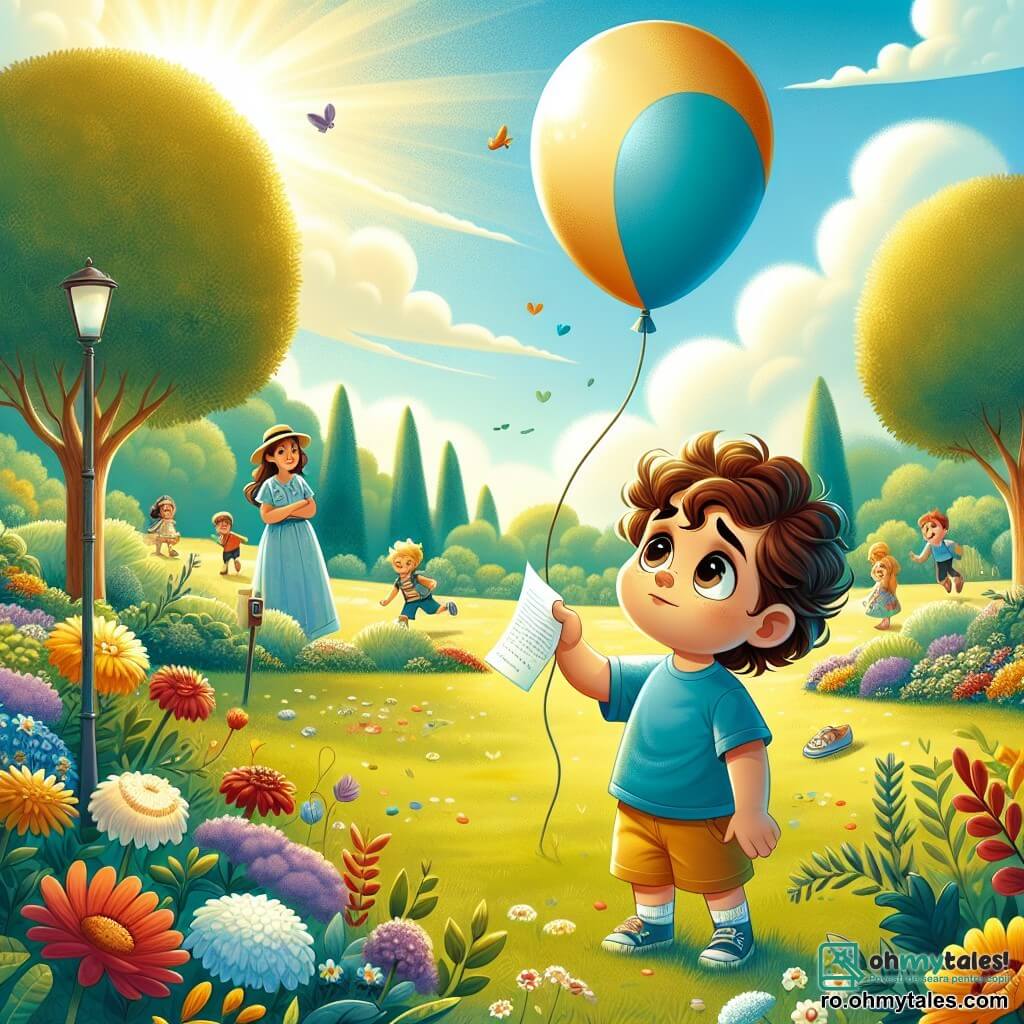 Un băiat de 6 ani, Andrei, cu părul brun și creț, cu ochi mari și triști, stă într-un parc verde, înconjurat de flori colorate care încep să înflorească. Poartă un tricou albastru și o pereche de pantaloni scurți galbeni, și privește un balon cum se ridică în cer, cu o expresie melancolică pe față, ținând o scrisoare în mână. Aproape de el, mama sa, o femeie de aproximativ 30 de ani cu părul lung și castaniu, poartă o rochie ușoară și o pălărie de paie. Se află lângă el, privindu-l cu tandrețe, pregătită să-l consoleze. Parcul este luminat de o lumină aurie, cu copaci majestuoși și un cer albastru presărat cu nori albi pufoși. Copiii se joacă în depărtare, râzând și alergând, în timp ce Andrei se concentrează pe balonul care zboară. Situația principală arată cum Andrei eliberează balonul în cer, simbolizând dragostea sa pentru prietenul său dispărut, Luca. Balonul se ridică majestuos, purtând cu el amintirile și emoțiile lui Andrei, în timp ce mama sa îl observă cu o expresie de sprijin și înțelegere.