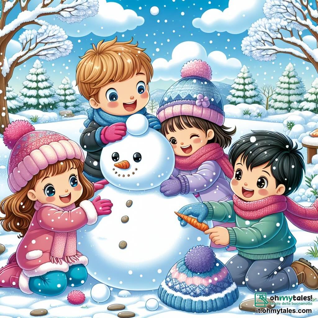 In un giardino innevato, quattro bambini si divertono a costruire un grande pupazzo di neve. Sofia (femmina, 6 anni) ha lunghi capelli castani, indossa un cappotto rosa e un berretto abbinato. Marco (maschio, 6 anni) ha capelli biondi disordinati e indossa una sciarpa blu. Giulia (femmina, 6 anni) ha capelli castani e indossa un cappotto viola. Luca (maschio, 6 anni) ha capelli neri e indossa un cappotto verde. Il giardino è coperto da uno spesso manto di neve scintillante, con alberi spogli e un cielo blu brillante. I bambini ridono e si incoraggiano a vicenda, creando insieme il loro capolavoro invernale, un pupazzo di neve gioioso.