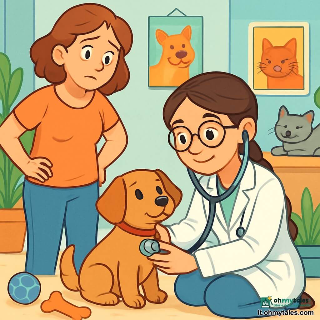 Una veterinaria, una donna di circa trent'anni con i capelli castani intrecciati, sorridente e dolce, è accovacciata vicino a un piccolo cane caramello di nome Biscotto. Indossa un camice bianco, occhiali rotondi e uno stetoscopio attorno al collo, guardando il cane con occhi pieni di tenerezza e compassione. Accanto a lei, la mamma di Biscotto, una donna di circa quarant'anni, preoccupata ma sollevata, osserva la scena con un leggero sorriso, le mani sui fianchi. La clinica veterinaria è luminosa e accogliente, con pareti dipinte di blu pastello, manifesti colorati di animali e giocattoli sparsi sul pavimento. Piante verdi aggiungono un tocco di natura all'interno. La situazione principale mostra la veterinaria che esamina Biscotto, che sembra un po' nervoso ma confortato dalla dolcezza della veterinaria. Giocattoli per animali sono visibili intorno a loro, mentre una gattina, Mirtilla, la gatta della clinica, si rilassa sul bancone, osservando la scena con curiosità.