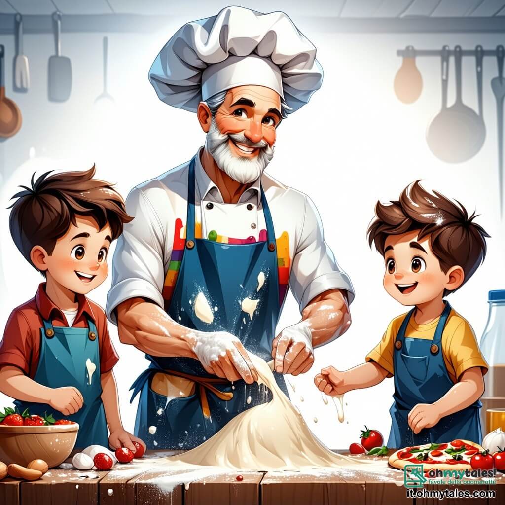 Lo chef Luigi, un uomo gioviale di una cinquantina d'anni, indossa un grande cappello bianco e un grembiule colorato, con macchie di farina sul davanti. Il suo viso è illuminato da un ampio sorriso e i suoi occhi brillano di gioia mentre mostra ai bambini come impastare la pizza. Marco, un ragazzo di 8 anni, è accanto a lui, con i capelli castani in disordine e uno sguardo meravigliato. Cerca di modellare la sua pasta a forma di stella, con le mani piene di farina, mentre ride con i suoi amici. La scena si svolge nella cucina soleggiata dello chef Luigi, piena di pentole di rame lucido, erbe fresche appese al soffitto e un grande forno a legna scoppiettante, che emana un calore confortante e aromi invitanti. In questa situazione principale, lo chef Luigi insegna ai bambini come preparare la pizza perfetta, circondato da risate e creatività, mentre ognuno si diverte a creare forme uniche con la propria pasta, scoprendo insieme le gioie della cucina.