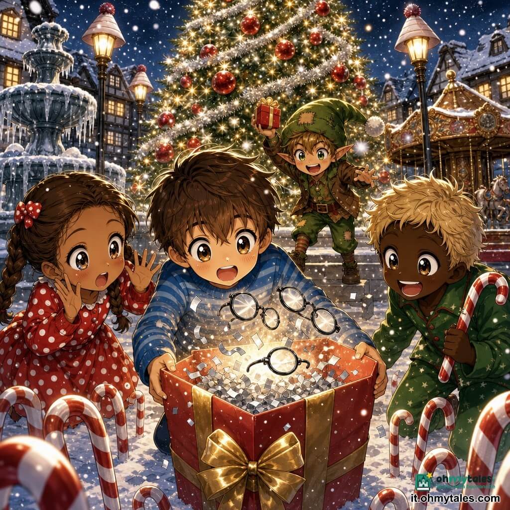 Quattro personaggi: tre bambini di circa 7 anni — Leo, ragazzo dai capelli castani corti con maglione blu a righe che tiene una scatola rossa al centro, leggermente accovacciato; Mia, ragazza con treccia castana e vestito rosso a pois, a sinistra di Leo con le mani alzate e occhi sgranati; Sam, ragazzo con capelli biondi spettinati in pigiama verde, a destra di Leo con una canna di zucchero filato a strisce e sorriso — e un elfo birichino di circa 30 cm, con orecchie appuntite, berretto verde, giacca rattoppata, che sta dietro la scatola su un gradino offrendo un mini-regalo. Ambientazione: piazza di paese innevata di notte con un grande albero di Natale decorato, fontana ghiacciata, giostra ferma e lampioni; un sentiero di caramelle a bastoncino rosso e bianco conduce alla scatola. Situazione: i bambini hanno appena aperto una scatola rossa con fiocco dorato; confetti argentati e tre occhiali da detective volano in aria mentre l'elfo li guarda sorridendo come se li avesse sfidati; atmosfera calda e vivace, stile manga con occhi grandi, scintille attorno agli oggetti e neve leggera.