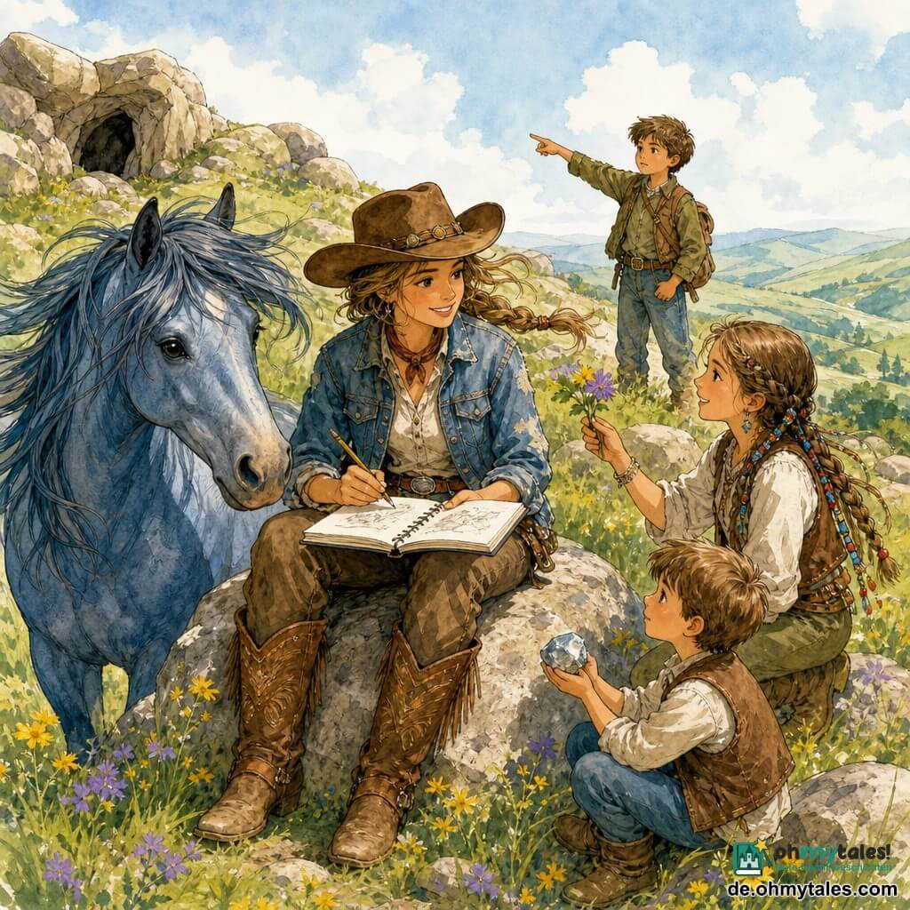 Eine lächelnde, entschlossene Cowgirl-Frau mit braunem Hut und abgenutzter Jeansjacke, ihre geflochtene Haarsträhne vom Wind bewegt, sitzt auf einem großen Felsen und zeichnet konzentriert in ein offenes Skizzenbuch; links steht das muskulöse, ruhige blau-graue Pferd Saphir mit wehender Mähne, rechts zeigt die etwa 12-jährige Nita mit brauner Haut und perlenverzierten Zöpfen der Frau eine bunte Blume mit sanftem Lächeln, am Fuß der Frau sitzt der etwa 7-jährige schüchterne Mato und hält stolz einen glänzenden Stein, etwas zurück auf dem Hügel steht der etwa 10-jährige Wicasa mit ernst-neugierigem Blick und zeigt auf eine Felsöffnung; Schauplatz ist ein grasbewachsener Hügel mit gelben und violetten Blumen, runden Felsen und Blick auf grüne Hügel unter einem blassblauen Morgenhimmel, die Stimmung ist ruhig, warm und freundschaftlich.