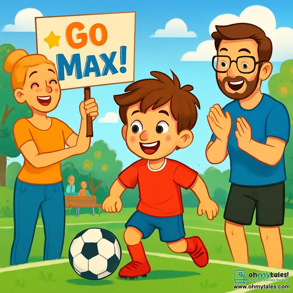 An 8-year-old boy, Max, with messy brown hair and sparkling eyes full of curiosity, stands in the middle of a soccer field. He wears a red jersey and blue shorts, and his face shows bright joy mixed with slight nervousness. Next to him, his mom, a woman in her thirties with her blonde hair in a bun and a warm smile, holds a large sign that says "Go Max!" in colorful letters. On the other side, his dad, a man in his thirties with a light beard and glasses, claps enthusiastically, wearing a blue t-shirt and black shorts. The soccer field is surrounded by greenery, with flowering trees and spectators sitting on wooden benches. The sky is blue with fluffy white clouds. The main scene shows Max joyfully running with the ball, ready to score a goal, while his parents cheer him on with love, creating an atmosphere of family support and shared happiness.