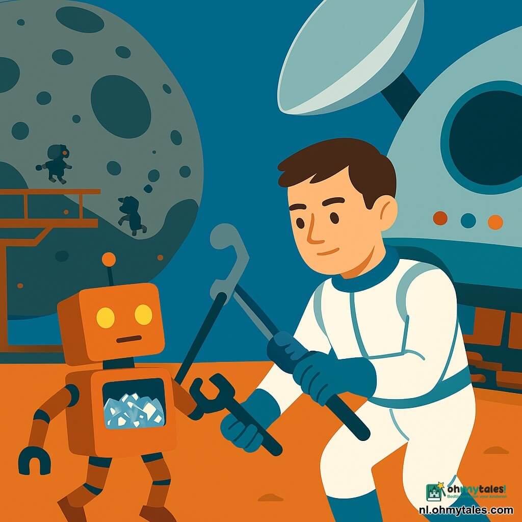 Een man, Milo, met zacht geconcentreerd gezicht en kort bruin haar in een licht wit-blauw ruimtepak, gebruikt een lange tang om voorzichtig een kleine robotmijn naar het platform te halen; een vierkante werkrobot‑jongen met knipperende lampogen wiebelt naast hem met een bak vol glanzende metalen stukken, magnetische voeten net los van de grond. Op de achtergrond een grote donkergrijze asteroïde met kraters en een roestige metalen steiger met oranje en groene lichtjes; andere kleine magnetische robots werken. Milo’s schip staat dichtbij met een deels uitgeklapt zilverkleurig zonnevangzeil en zichtbare ronde cockpitruit en knoppen; het zeil fungeert als een zachte hand om het glijdende robotje veilig te maken — scène van dichtbij, platte contrasterende kleuren, eenvoudige vormen, geruststellende heldhaftige sfeer.
