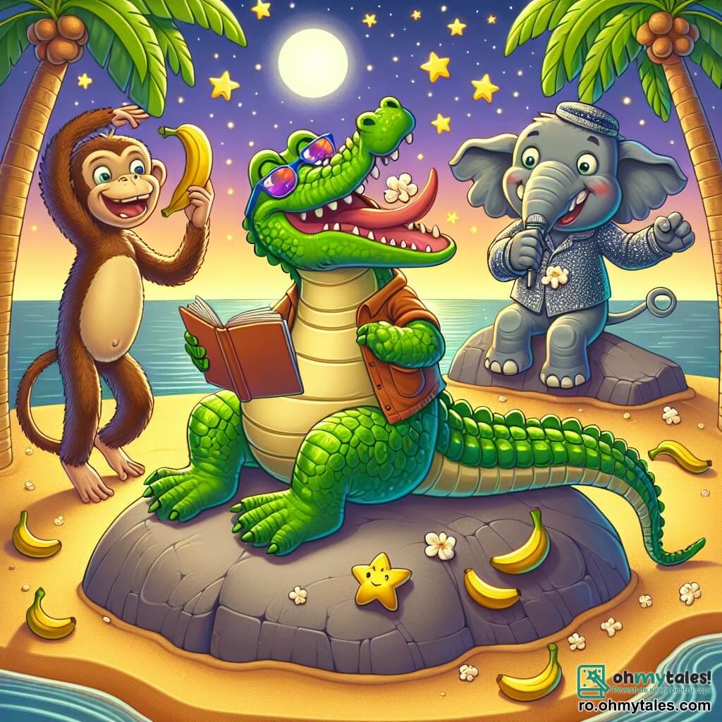 Un crocodil pe nume Hârtie, cu o piele verde strălucitoare și ochelari de soare colorați, stă pe o piatră mare lângă un lac, zâmbind entuziast în timp ce citește o poezie cu voce tare. Lângă el, o maimuță jucăușă, cu blana brună și o jachetă strălucitoare, dansează vesel, aruncând banane în aer. Un elefant zâmbitor, de culoare gri și purtând o pălărie amuzantă, se află în fundal, ținând un bol mare de popcorn, pregătit să-l împărtășească cu prietenii săi. Scena are loc pe o plajă cu nisip auriu, sub un cer înstelat, cu palmieri care se leagănă ușor în briza nocturnă. Hârtie și prietenii săi celebrează un recital de poezie, umplând aerul cu râsete și bucurie, în timp ce stelele strălucesc deasupra lor.