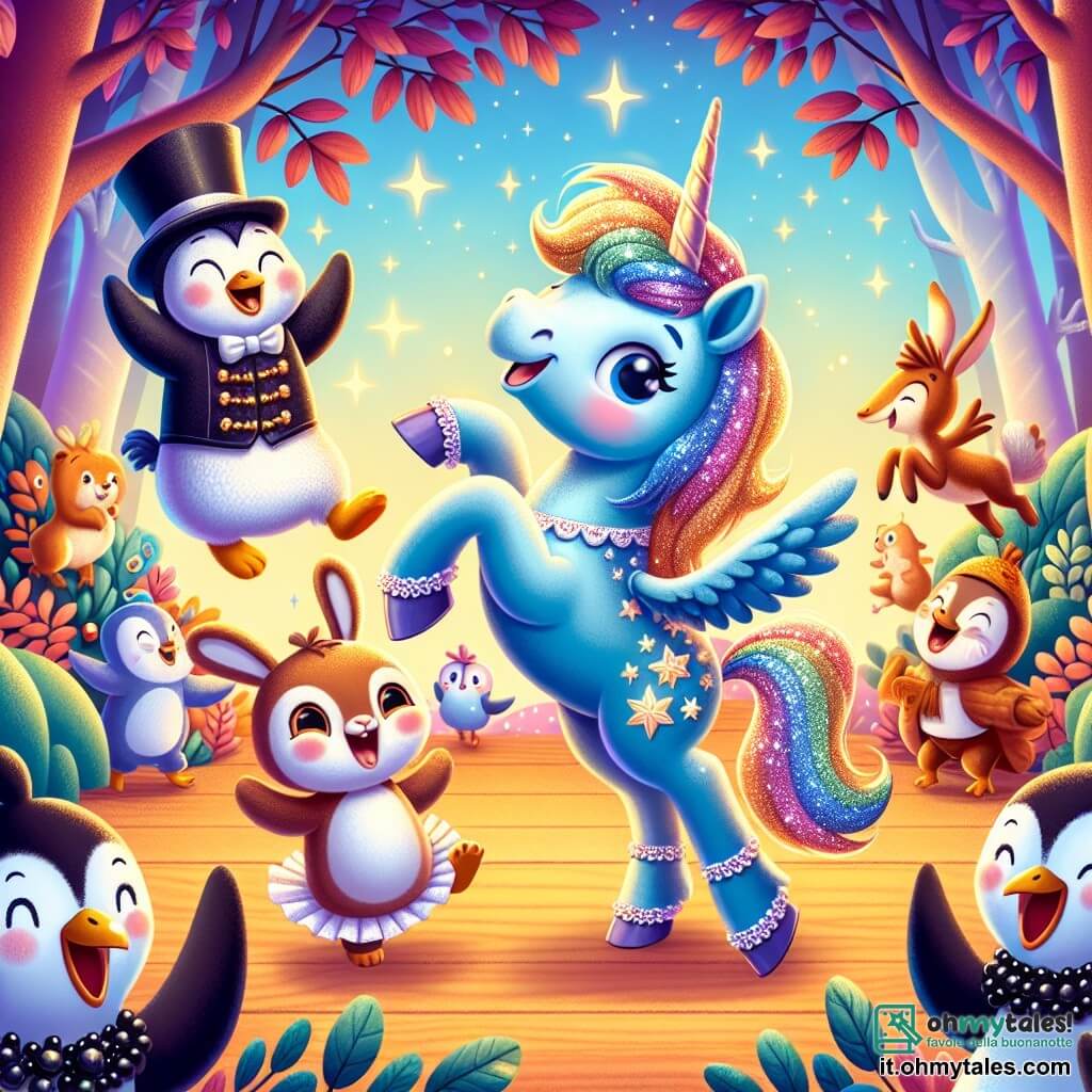 Una magnifica unicorno di nome Melodia, con un corpo blu brillante e una criniera scintillante come stelle, danza gioiosamente al centro della scena, il suo viso radioso di felicità ed eccitazione. Accanto a lei, un coniglietto di nome Pompino, un ragazzo con grandi orecchie e un cappello a cilindro troppo grande, salta di gioia, i suoi occhi brillanti di malizia. Non lontano, un pinguino di nome Fred, un ragazzo in costume da ballerina con bacche nere sul corpo, scivola su un tronco di legno, ridendo a crepapelle. Il contesto è un incantevole Boschetto delle Risate, pieno di alberi con foglie ridenti che sembrano danzare al ritmo di una dolce melodia, mentre animali colorati si radunano attorno a loro, creando un'atmosfera festosa e gioiosa. La scena principale mostra Melodia, Pompino e Fred partecipare a una gioiosa competizione di risate, circondati da animali divertiti che applaudono e ridono, riempiendo l'aria di felicità e magia.