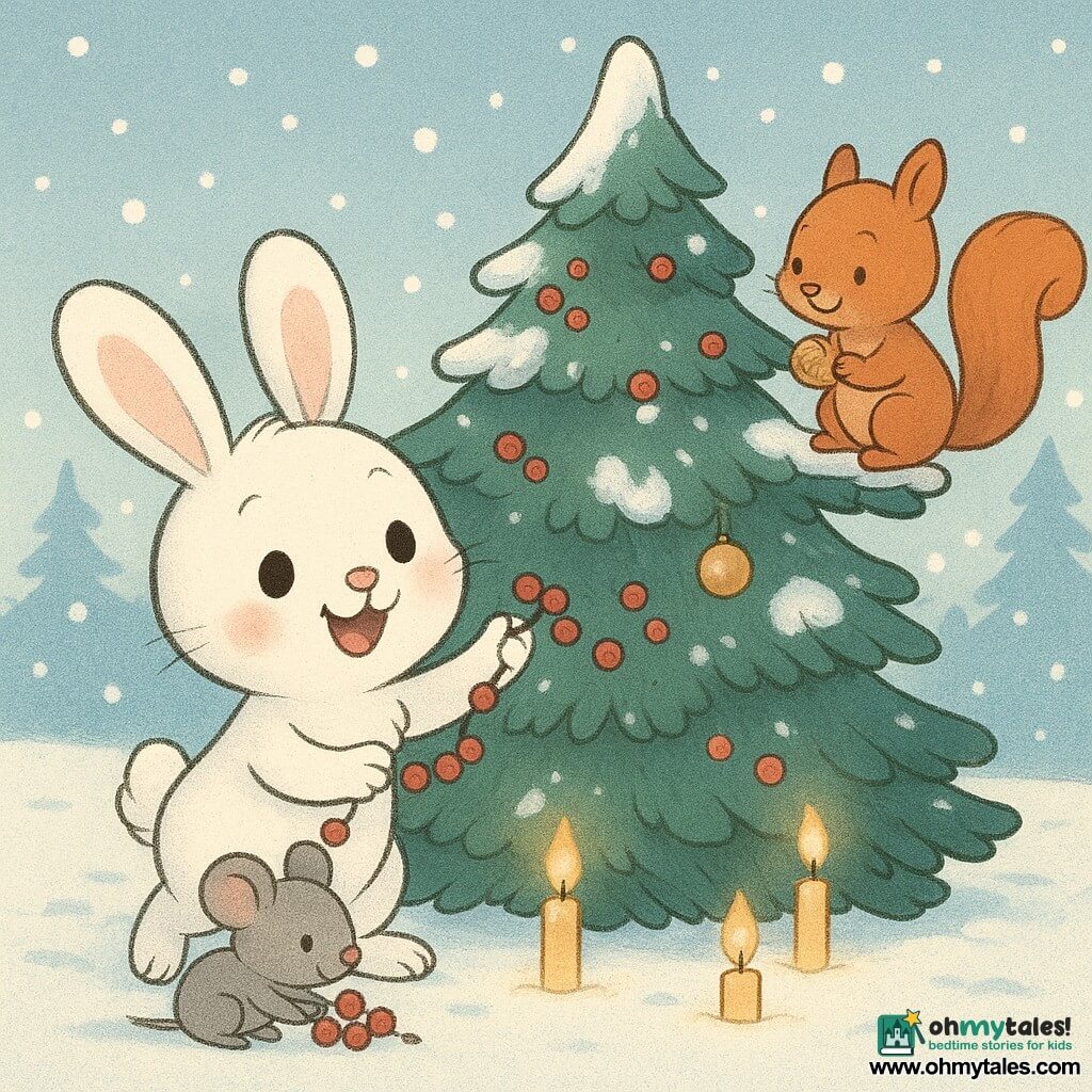 A fluffy white rabbit (main) with a round face and bright eyes, joyful and amazed, hops before a large dark-green Christmas tree holding a garland of red berries; a small round gray mouse (secondary) with a shy smile crouches left of the tree attaching berries to a low branch; a red squirrel with silky fur (secondary), proud and content, perches on a high branch placing a small golden hazelnut; the snow-covered fir is decorated with red berries and a golden nut, candles at its base cast a warm glow; outdoor winter clearing with powdery snow, soft falling flakes and distant tree silhouettes under a pale blue sky; the three friends tenderly decorate the tree together in a calm, warm scene with pastel colors and soft textures, composition centered on the tree and close-knit characters.