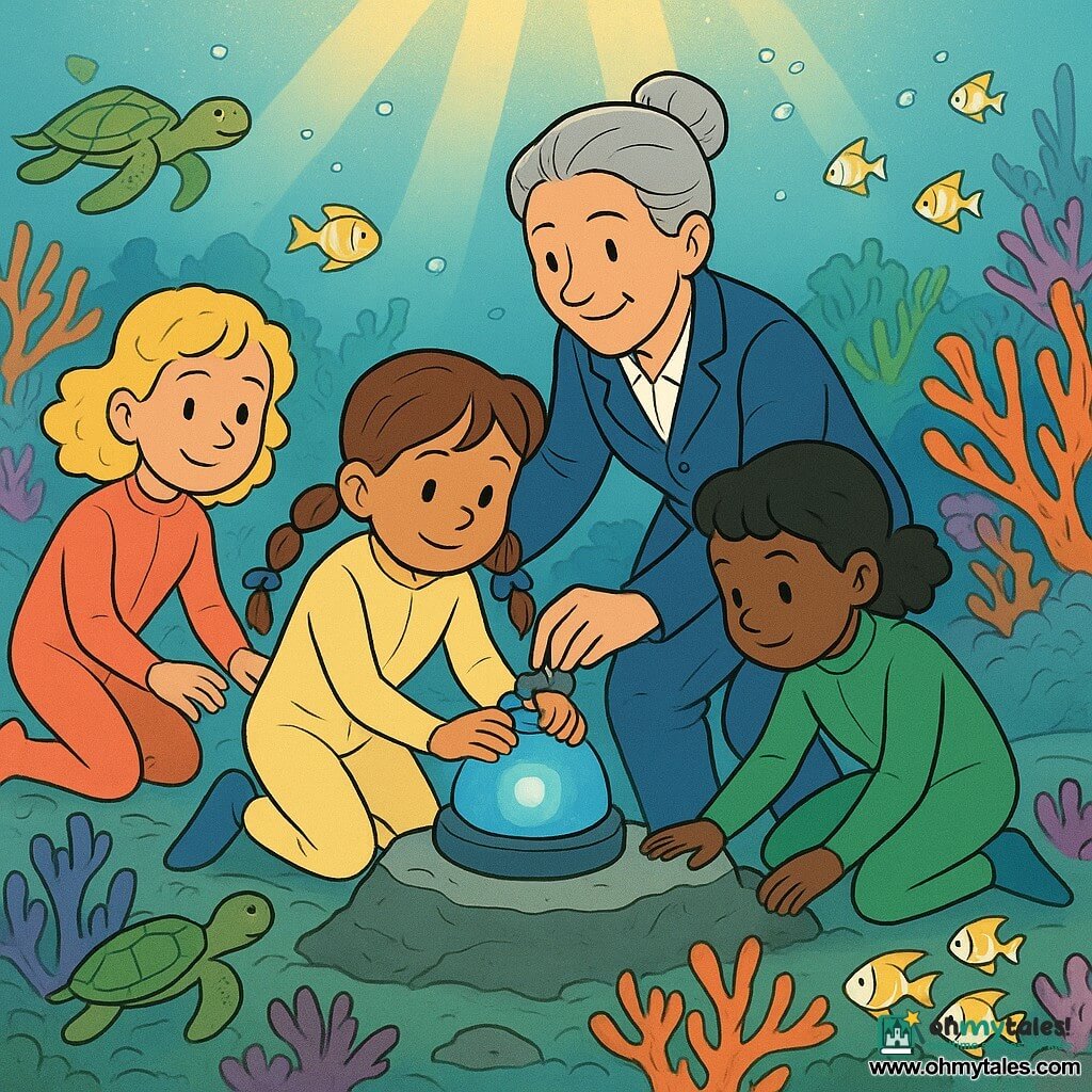Five characters: an adult captain (about 40, silver hair in a bun, light sailor jacket) stands just behind the children on a smooth rock helping clip a small round beacon that pulses soft blue light; Mina (5, brown braided hair with blue ribbons, pale yellow wetsuit) kneels center holding the beacon like a treasure; Lila (5, curly blonde, coral wetsuit) to Mina’s left gently calls a turtle with outstretched hands; Bea (5, short black hair, green wetsuit) to Mina’s right leans over to watch small fish and protect corals; June (5, red ponytail, navy wetsuit) the child captain helps the adult check a fastening behind Mina. Scene: a shallow coral reef clearing with finger and fan corals in orange, purple and pink, swaying seagrass, dark green algae-covered rocks, schools of yellow-and-white fish, golden sunbeams filtering through the water and rising bubbles, as the turtle tugs a net on the rock and the girls calmly cooperate to free the reef.