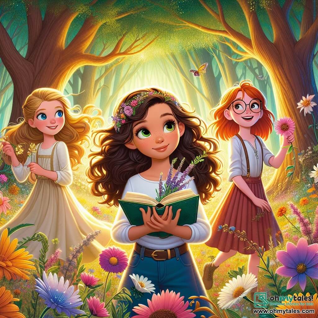 In an enchanted clearing, four girls stand together, surrounded by colorful flowers and tall trees with shimmering leaves. Mia, a 10-year-old with curly brown hair and sparkling eyes, is at the center, holding an open book, her face lit with curiosity. Lily, a 9-year-old with golden blonde hair, is to her right, twisting a wildflower between her fingers, her smile radiating joy. Sofia, an 11-year-old with glasses and brown hair in a ponytail, is slightly back, arms crossed, looking serious. Emma, a 10-year-old with red hair and freckles, is on the left, laughing out loud, arms raised to the sky as if dancing with the birds. The clearing is bathed in golden light, with sun rays filtering through the majestic trees, creating light patterns on the green mossy ground. Colorful butterflies flutter around, adding a touch of magic to the atmosphere. The main scene shows the girls talking to an ancient oak tree, whose branches stretch out like welcoming arms. The oak, with a wise face and kind eyes, shares words of wisdom while the girls listen attentively, their faces illuminated by understanding and wonder.