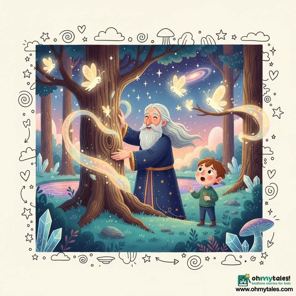 Orion, an elderly but energetic man with a long silver beard and hair, wearing a midnight-blue robe embroidered with golden stars, stands with his hands on the trunk of an ancient tree that's releasing a soft light; several small winged light-creatures like glass butterflies flutter around the tree, some perched on nearby branches, expressing joy; a boy of about eight, round-faced with brown hair and wide curious eyes, stands a few steps away with his mouth agape, watching the light spread; the setting is an alien forest with turquoise moss, crystalline lakes reflecting pink and purple nebulae, translucent mushrooms, floating stones, and a starry sky visible between tall crowns; Orion is restoring the tree's magic as luminous filaments stream from the trunk in colorful waves that awaken the forest, creating a warm, wondrous atmosphere.
