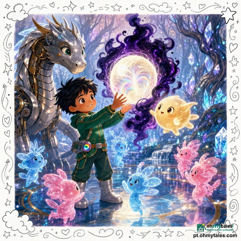 Kai é um rapaz de rosto determinado e doce, cabelo preto despenteado, olhos brilhantes, sorrindo com coragem e estendendo as mãos para uma esfera luminosa flutuante; veste jaqueta espacial verde-esmeralda com costuras douradas, botas prateadas e um pequeno projetor de arco-íris preso ao cinto. Lumi é uma pequena criatura de luz não humana, forma redonda e translúcida, brilho âmbar, flutuando perto da mão de Kai e pulsando luz quente. À esquerda, um grande dragão mecânico de escamas de metal polido e pistões de cobre observa curioso e sereno; ao redor, minúsculos habitantes luminosos não humanos, silhuetas azuis e rosas semelhantes a vaga-lumes, dançam em círculo a distância respeitosa. O cenário é uma floresta de névoa prateada com troncos luminosos retorcidos, ramos cobertos de cristais e rios de vidro líquido que refletem estrelas. A esfera mágica, no centro de uma clareira, é branco-ivoire radiante com filamentos arco-íris, envolta por um véu escuro que se dissipa em fumaça violeta. Atmosfera de cores vivas e contrastes, luzes suaves, texturas de metal e vidro brilhantes, sentimento de êxtase e calma heroica; estilo: ilustração juvenil clara, traços simples e arredondados, paleta luminosa e sobreposição de doodles (estrelas, linhas de movimento, corações) para acentuar a magia.