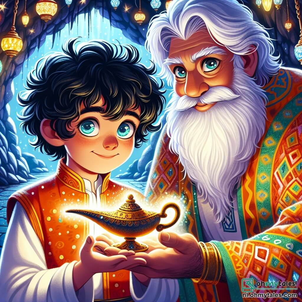 Aladdin, een jonge man met zwart, krullend haar en nieuwsgierige ogen, staat in het midden van het podium met een oude lamp in zijn handen. Zijn gezicht straalt verwondering en een vleugje opwinding uit terwijl hij in een dynamische houding staat, klaar om de lamp te wrijven om de geest vrij te laten. Naast hem staat een oude wijze met een lange witte baard, gekleed in een kleurrijke, oosters versierde jurk, die Aladdin met een welwillende glimlach observeert. Hij lijkt in zijn zestig te zijn, met wijze ogen die een mysterieuze gloed uitstralen. Op de achtergrond opent zich een mysterieuze grot, verlicht door schitterende edelstenen die kleurrijke reflecties op de muren werpen. Schaduwen dansen om hen heen en creëren een magische en intrigerende sfeer. De belangrijkste situatie toont Aladdin, klaar om de geest uit de lamp te bevrijden, terwijl de wijze hem aanmoedigt de juiste keuze te maken en het belang van wijsheid bij het gebruiken van zijn wensen benadrukt.