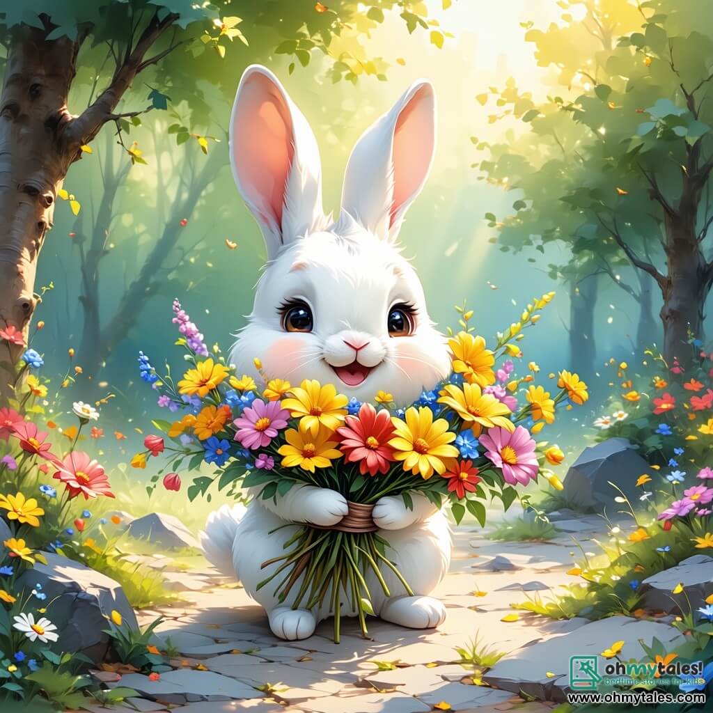 In the center of the image, a small white rabbit named Benny, with bright eyes and a radiant smile, proudly holds a bouquet of colorful flowers in his little paws. His large ears are upright, and his soft, fluffy fur reflects the sunlight. He looks joyful and excited, ready to surprise his mom for Mother's Day. Next to him, a little ladybug named Lucy, with red wings and black spots, happily flies around Benny. She has a sparkling, smiling face, showing her enthusiasm to help her friend, performing aerial twirls and adding a touch of magic to the scene. In the background, a sunlit meadow stretches endlessly, dotted with vibrant flowers: white daisies, yellow dandelions, and purple violets. Verdant trees line the meadow, and a clear blue sky with fluffy clouds completes this idyllic picture. The main focus shows Benny, the little rabbit, proudly holding his bouquet, ready to gift this love-filled present to his mom, Bunny Bella, who is inside their charming little burrow in the background, eagerly awaiting her son's surprise.