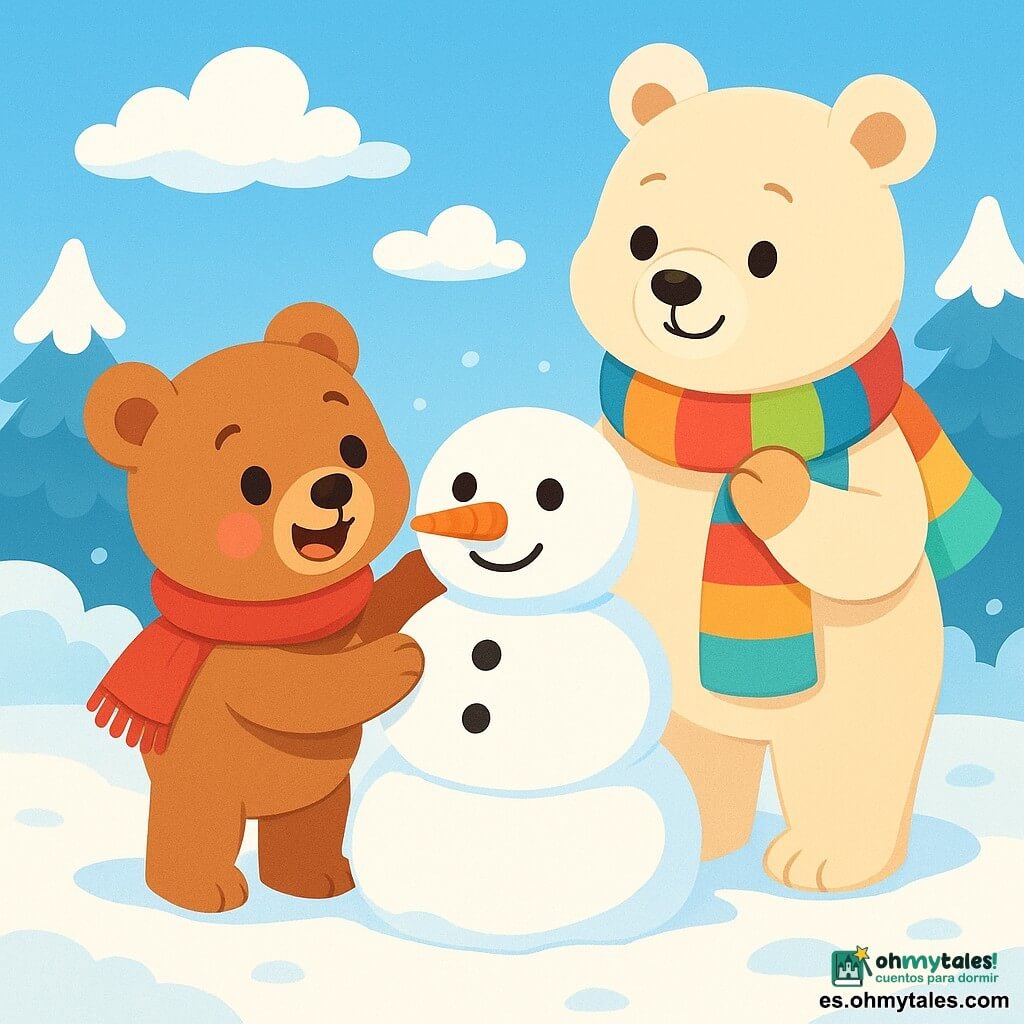 Un pequeño oso de peluche llamado Bruno, con un suave pelaje marrón y ojos chispeantes de curiosidad, está construyendo un muñeco de nieve en un jardín nevado. Sonríe alegremente, con sus mejillas rosadas mostrando su entusiasmo. A su lado, su mamá, una gran osa de pelaje crema, lo observa con ternura, sonriendo cálidamente y sosteniendo una bufanda colorida en sus patas. El jardín está cubierto de un espeso manto de nieve brillante, con árboles cuyas ramas están cargadas de nieve. El cielo es de un azul claro, salpicado de nubes esponjosas, y la luz del sol ilumina la escena, creando sombras suaves. Bruno, emocionado, modela la nieve con sus pequeñas patas, cantando una melodía alegre mientras añade una zanahoria como nariz al muñeco de nieve. La escena irradia una atmósfera de felicidad y magia invernal.
