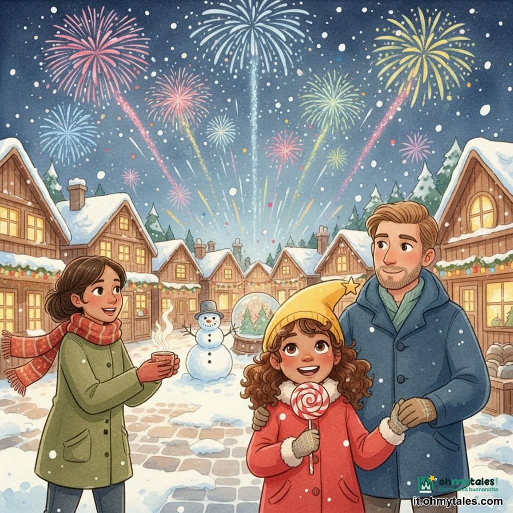Bambina di 10 anni energica e meravigliata, capelli castani ricci, occhi luminosi, sorriso giocoso, con cappotto rosso, berretto a forma di stella cometa giallo, guanti di lana e grande lecca-lecca di zucchero, osserva i fuochi d'artificio; accanto a lei il padre di circa 40 anni, capelli corti castano e barba leggera, con cappotto blu scuro, sorride tenendole la mano leggermente dietro a destra; vicino a loro la madre di circa 38 anni, capelli raccolti, cappotto verde oliva e sciarpa a motivi, porge una tazza di cioccolata calda, posizionata a sinistra del padre; la piazza del villaggio è lastricata, circondata da chalet di legno con luci calde e ghirlande colorate, un grande pupazzo di neve e una palla di neve decorativa al centro, il terreno coperto di neve fresca parzialmente calpestata; scena familiare nella piazza che guarda un cielo notturno pieno di fuochi d'artificio multicolori, con coriandoli e fiocchi di neve che cadono, atmosfera festosa, calda e magica.