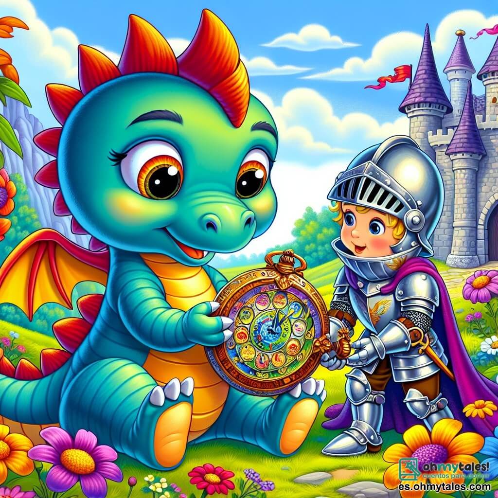 Un pequeño dragón de escamas brillantes y colores vivos, con grandes ojos curiosos y una sonrisa maravillada, sostiene un antiguo y mágico objeto en forma de reloj, de pie en medio de un campo de flores coloridas. A su derecha, un caballero con armadura reluciente, con un rostro amistoso y ojos chispeantes de alegría, sonríe mientras se acerca al dragón, sosteniendo una espada decorada y mostrando una postura acogedora. Al fondo, un gran castillo medieval se alza majestuosamente, con torres puntiagudas, banderas ondeando al viento y muros de piedra, rodeado de exuberante vegetación y flores brillantes. El pequeño dragón, asombrado por su descubrimiento, está a punto de presionar un botón del misterioso objeto, listo para vivir una nueva aventura en el tiempo, mientras el caballero lo anima con una mirada bondadosa.