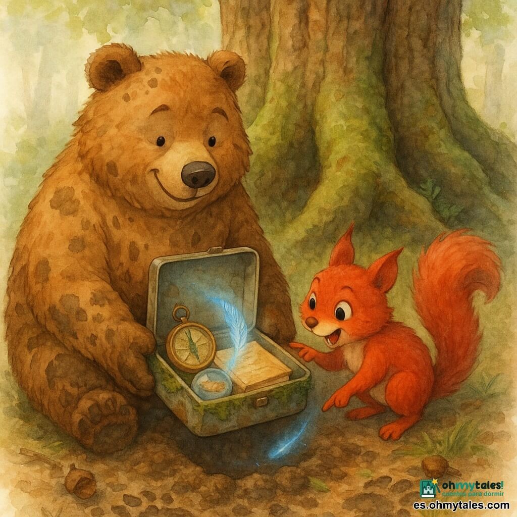 Bruno, un gran oso de pelaje miel, rostro redondo y ojos dulces, cubierto de barro y sonriendo con ternura, sostiene sobre sus patas una pequeña caja metálica cubierta de musgo abierta; Lila, una ardilla pequeña y pelirroja de ojos vivos y cola esponjosa, agachada a la derecha, señala una pluma azul brillante dentro de la caja; en su interior hay una brújula antigua de latón, una pluma azul con estela luminosa, una piedra translúcida con un pequeño pez en su interior y un cuaderno de páginas amarillentas con aroma a canela; al fondo, un Gran Roble de tres raíces con tronco ancho y corteza agrietada, raíces entrelazadas cubiertas de musgo y helechos y luz suave entre las hojas; el suelo está húmedo y embarrado con huellas de oso y ardilla, botones dispersos y hierba aplastada alrededor de la fosa; ambiente de acuarela suave, tonos cálidos y tierra, sombras ligeras y sensación de descubrimiento y complicidad, composición centrada en la caja y los dos amigos al pie del árbol.
