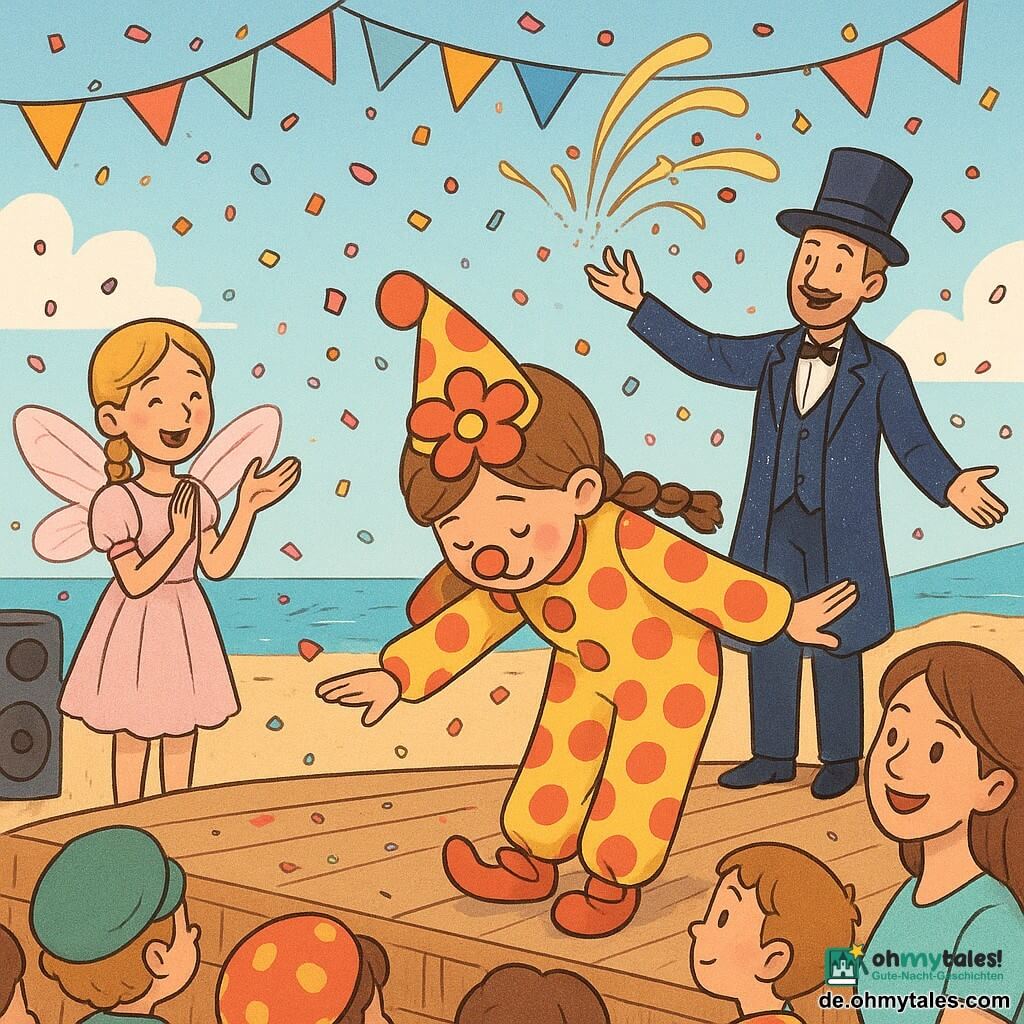 Ein achtjähriges Mädchen, Emma, strahlend und schüchtern zugleich, verbeugt sich tief auf einer kleinen Holzbühne in einem bunten Clownskostüm mit großen roten und gelben Punkten, spitzem Hut mit roter Blume und falscher kleiner roter Nase, lächelndes Gesicht mit geröteten Wangen; links auf der Bühne steht die achtjährige Mia in einem blassrosa Feenkostüm mit durchsichtigen Flügeln, blond geflochten, applaudierend; hinter der Bühne auf einem Wagen ein großer Magier in einem paillettenbestickten marineblauen Mantel und Zylinder, aus dem Bänder und goldener Glitzer sprühen; vorne rechts in der ersten Reihe Emmas Mutter, brünett, stolz lächelnd und die Hand eines kleinen Jungen haltend; Schauplatz: eine Stranddüne als Festplatz mit Holzbühne, bunten Girlanden, wehenden Fahnen, gepunkteten Wimpeln und Vintage-Lautsprechern, hellblauem Himmel mit wenigen Wolken und sanften Sonnenstrahlen; eine Menge Kinder und Erwachsene in verschiedenen Kostümen wirft bunten Konfettiregen; allgemeine Stimmung: festlich, hell, warm, mit gesättigten Kontrasten, weichen Texturen, runden expressiven Zügen und leichter Vogelperspektive.