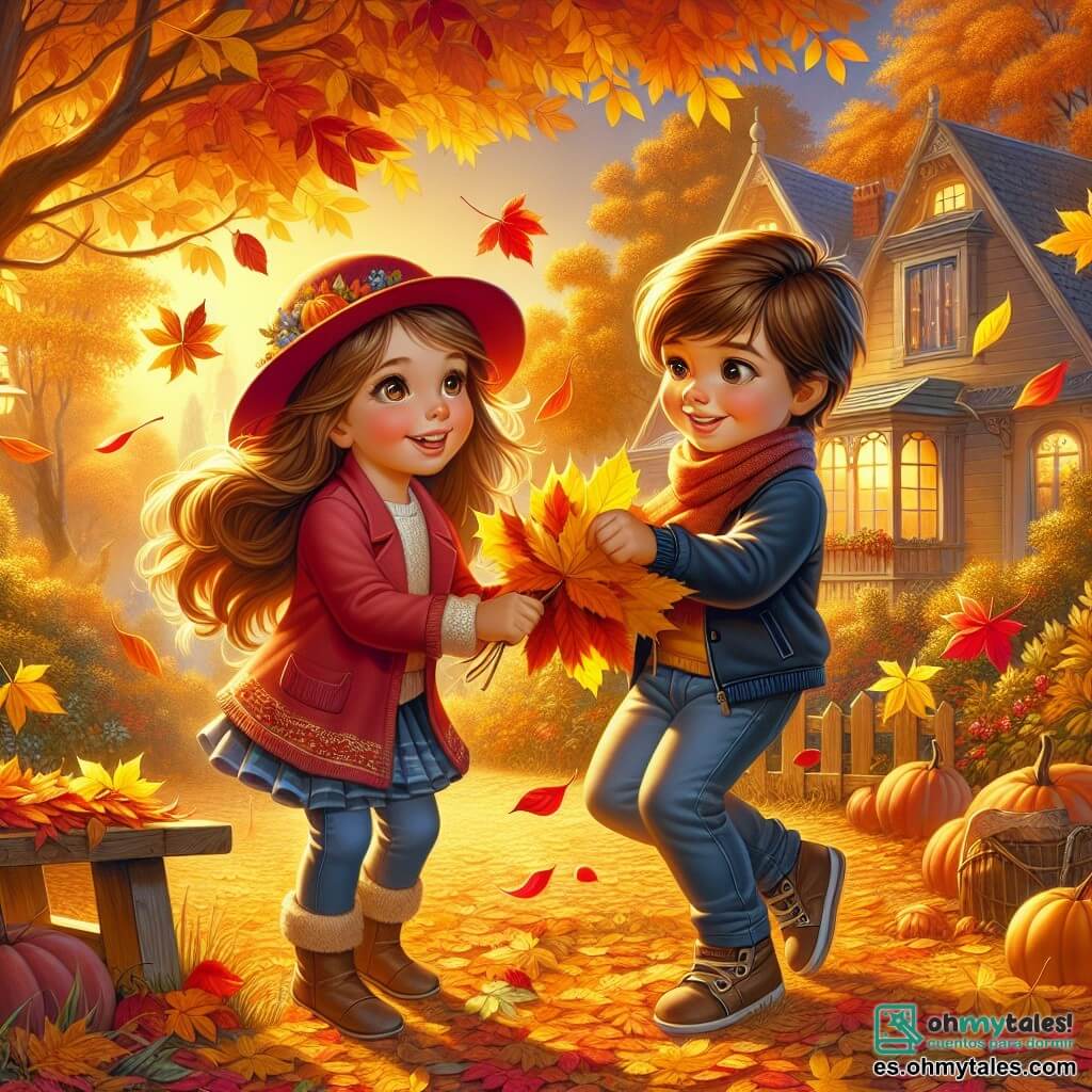 En un jardín en otoño, dos amigos están muy activos. Sofía, una niña de 8 años con largos cabellos castaños y un bonito gorro rojo, está agachada, sosteniendo una gran hoja amarilla con una gran sonrisa en el rostro. A su lado, Mateo, un niño de 8 años con cabello castaño y una chaqueta azul, está de pie, levantando una pequeña hoja roja al aire, con los ojos brillantes de emoción. El jardín está lleno de hojas de colores vivos: naranjas, amarillas y rojas, que caen de los majestuosos árboles. Al fondo, una casa acogedora con ventanas iluminadas y un porche invita a disfrutar de una tarde soleada. Los dos amigos bailan alegremente recogiendo hojas, creando un ambiente festivo y alegre, mientras una suave brisa hace girar algunas hojas a su alrededor.
