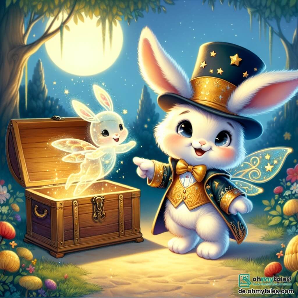 Ein kleiner Hase mit großen Ohren, weichem und seidigem Fell und neugierigen, glänzenden Augen steht vor einer alten Holzkiste, voller Staunen und Aufregung. Er trägt ein glitzerndes Zauberkostüm, verziert mit goldenen Sternen, das im Mondlicht strahlt. Neben ihm schwebt ein kleiner, durchsichtiger Geist mit einem freundlichen Lächeln und zarten Flügeln fröhlich in der Luft. Er sieht verspielt und ermutigend aus, zeigt auf die Kiste und lacht, als wollte er den Hasen einladen, ihren Inhalt zu entdecken. Die Szene spielt in einem geheimnisvollen Garten, voller bunter Blumen und großer Bäume mit goldenen Blättern, erleuchtet vom sanften Mondlicht. Schatten tanzen um sie herum und schaffen eine magische, bezaubernde Atmosphäre. Der Hase hat die Kiste im Garten entdeckt und ist kurz davor, sie zu öffnen, gespannt auf das magische Kostüm, das ihn drinnen erwartet, während der Geist ihn begeistert ermutigt, bereit, ihn auf diesem Abenteuer zu begleiten.