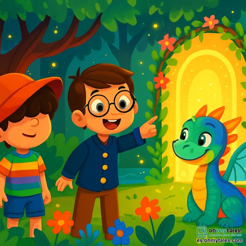 Hay 3 personajes: - Luis: un niño de 8 años con cabello rizado y un gran sombrero que le cubre los ojos. Lleva una camisa a rayas coloridas y un short de mezclilla. Está a la izquierda, mirando con curiosidad el portal mágico. - Tomás: un niño de 8 años con una chaqueta de botones dorados y gafas redondas. Tiene una sonrisa traviesa y cabello castaño. Se encuentra en el centro, señalando hacia el portal con entusiasmo. - Un dragón: un pequeño dragón con escamas brillantes como un arcoíris, con grandes alas translúcidas. Está sentado a la derecha, sonriendo y mirando a los dos niños con ojos chispeantes de travesura. El lugar donde se desarrolla la situación principal es un bosque encantado, lleno de árboles con troncos torcidos y hojas brillantes. Flores coloridas cantan suavemente, y un lago resplandeciente refleja la luz de las luciérnagas que bailan en el aire. Al fondo, un portal mágico brilla con un resplandor dorado, rodeado de enredaderas florecidas. La situación principal de la historia muestra a Luis y Tomás, asombrados, frente al portal mágico, listos para entrar en un mundo fantástico, mientras el dragón los observa con una sonrisa pícara, listo para acompañarlos en su aventura.