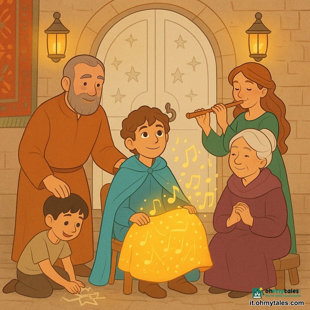 Principe Elio, circa 12 anni, seduto su una piccola sedia davanti a una grande porta bianca intarsiata di stelle, espressione dolce e speranzosa, occhi lucenti, capelli castano leggermente mossi, mantello azzurro e una grande coperta luminosa sulle ginocchia che emette note musicali visibili come bolle dorate; il Maestro delle Storie, uomo di circa 60 anni, barba corta grigia e veste ocra, con una mano appoggiata allo schienale vicino al principe; la signora Viola, donna di circa 70 anni, capelli bianchi raccolti in chignon, abito viola e sciarpa calda, seduta accanto al principe; un ragazzo della fontana di circa 8 anni, inginocchiato ai piedi del principe, capelli neri, che disegna piccole stelle con il gesso; una musicista di circa 25 anni in piedi dietro il gruppo che suona un flauto di legno; ambientazione: soglia della Torre Bianca con porta pesante bianca intarsiata, gradini di pietra consumata, mura con arazzi antichi e piccole lanterne che proiettano luce calda; situazione: gruppo unito in cerchio che canta e aspetta davanti alla porta chiusa, la coperta luminosa riscalda i volti e proietta motivi musicali colorati sulla pietra, atmosfera calma, magica e carica di attesa benevola.