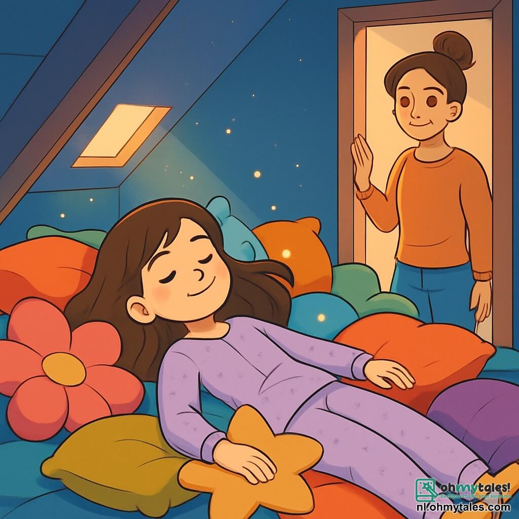 Een 12-jarig meisje, Noor, ligt op een groot bed met kleurrijke kussens, met een serene glimlach op haar gezicht. Haar bruine haar is verspreid om haar heen en ze draagt een zachte, pastelkleurige pyjama. Haar ogen zijn gesloten en ze lijkt vredig, alsof ze in een droom zweeft. In de nabijheid staat haar moeder, een vrouw van ongeveer 35 jaar, bij de deur van de kamer, glimlachend en zorgzaam, terwijl ze haar dochter met genegenheid observeert. Ze draagt een comfortabele trui en jeans, en haar haar is in een losse bun vastgebonden. De ruimte is een warme zolder, gevuld met zacht, gedempt licht. De muren zijn geschilderd in een rustgevende blauwe kleur, en een kleine straal zonlicht valt door een raam, waardoor dansende stofdeeltjes in de lucht worden verlicht. Kussens in verschillende kleuren, in de vorm van bloemen en sterren, liggen verspreid rond Noor, wat een knusse sfeer creëert. De belangrijkste situatie toont Noor, diep verzonken in een moment van rust, omringd door haar kussens, klaar om in slaap te vallen, terwijl kleine vuurvliegjes om haar heen flonkerend een magische toets aan deze vredige scène toevoegen.