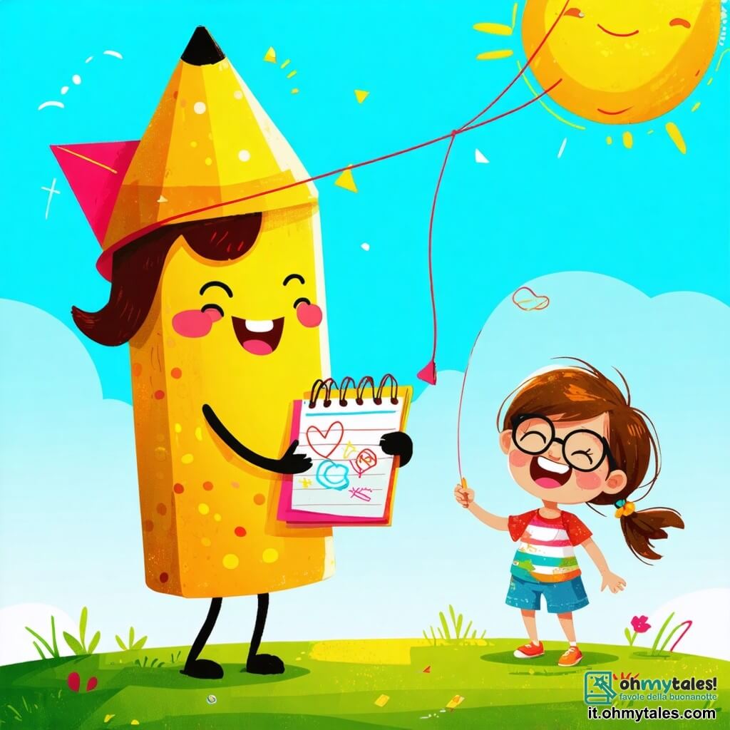 Un piccolo personaggio gioioso, un pennarello giallo con un grande sorriso disegnato sul tappo, si trova al centro dell'immagine, saltellando di eccitazione mentre tiene un blocco note colorato. Accanto a lui, una bambina dai capelli rossi in disordine, con un vestito a pois, ride di gusto, le guance arrossate dall'entusiasmo. È accovacciata, tiene un aquilone decorato di disegni colorati, pronta a farlo volare. Un ragazzo con occhiali rotondi e una maglietta a righe, in piedi accanto a lei, osserva l'aquilone con uno sguardo concentrato e un sorriso orgoglioso, mentre una piccola ragazza dagli occhi curiosi, con una mappa del mondo disegnata sulla maglietta, guarda con meraviglia, le mani sui fianchi. La scena si svolge in un parco soleggiato, pieno di verde, con alberi dalle foglie brillanti e una fontana scintillante in lontananza, dove i bambini giocano e ridono. Gli amici si preparano a far volare il loro aquilone decorato, circondati da un'atmosfera gioiosa e colorata, mentre il vento inizia a soffiare dolcemente, promettendo un'avventura piena di risate e creatività.