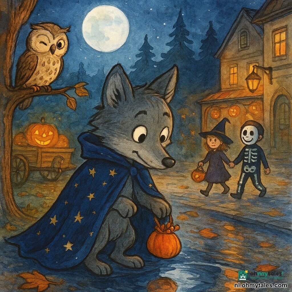 Een kleine antropomorfe wolf met zacht grijs pel en een te grote marineblauwe mantel met sterren die sleept, met een ondeugende nieuwsgierige blik houdt een klein oranje snoepzakje en kijkt naar zijn reflectie in een glanzende plas, links op een lage tak zit een beige-bruine gestippelde haveluisuil die knipoogt en het hoofd scheef houdt, op de achtergrond bij het gemeentehuis een verweerde houten pompoenkar met uitgehouwen verlichte pompoenen en een zacht klingelend koperen belletje, twee kinderen als heks en skelet lopen rechts over een kasseistrook en laten wat bruine bladeren vallen, het dorp aan de rand van dennenbos onder een zilveren maan met pompoenlantaarns aan de veranda’s, natte kasseien en herfstbladeren, oranje lichtkringen tegen blauwig schaduwspel, de wolf luistert naar het belletje en speurt naar een Halloween-mysterie in een mysterieuze maar warme sfeer met gedimd licht en zichtbare inktachtige texturen.