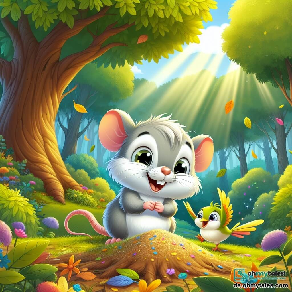 Ein kleiner Ratte namens Rudi, mit weichem grauem Fell und neugierigen, funkelnden Augen, steht fröhlich vor einem großen Baum, ein strahlendes Lächeln auf seinem Gesicht. Er sucht nach einem glänzenden kleinen Sandkorn, während seine kleinen Pfoten den mit bunten Blättern bedeckten Boden durchwühlen. Neben ihm fliegt ein kleiner Vogel mit leuchtend gelben Federn, spitzem Schnabel und lebhaften Augen um ihn herum und singt, offensichtlich glücklich, ihm bei seiner Suche zu helfen. Der Ort ist ein wunderschöner, grüner Wald, gefüllt mit majestätischen Bäumen, bunten Blumen, die im Wind tanzen, und Sonnenstrahlen, die durch das Laub filtern und eine magische, fröhliche Atmosphäre schaffen. Die Hauptsituation zeigt Rudi und den kleinen Vogel auf der Suche nach dem wertvollen Korn, umgeben von der Schönheit der Natur, mit fallenden Blättern und Lichtstrahlen, die die fröhliche Stimmung ihres Abenteuers unterstreichen.