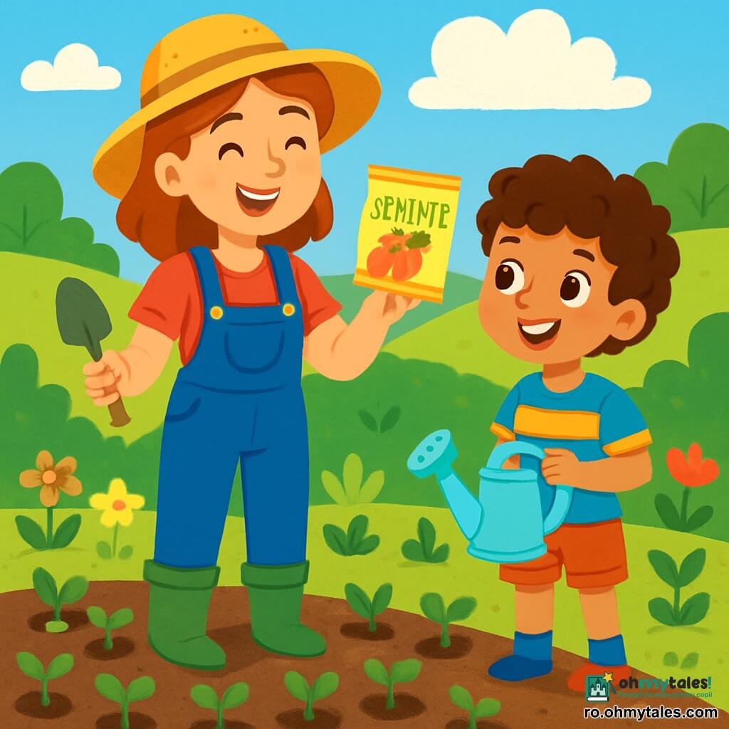 Irina, o femeie zâmbitoare de aproximativ treize ani, se află în mijlocul unui câmp verde, înconjurată de plante tinere de legume. Ea poartă o salopetă din denim, o pălărie de paie și cizme de cauciuc, iar fața ei radiază de bucurie și mândrie în timp ce ține o mică lopată într-o mână și un pachet de semințe în cealaltă. Lângă ea, un băiat de 8 ani, cu părul creț și ochii strălucitori, o observă atent, ținând o mică udătoare. El este îmbrăcat într-un tricou colorat și o pereche de șorturi, iar entuziasmul său este palpabil în timp ce se pregătește să ude semințele proaspăt plantate. Peisajul este idilic, cu coline blânde la orizont, flori sălbatice colorate care dansează în vânt și un cer albastru presărat cu nori albi pufoși. Situația principală arată cum Irina și băiatul plantează semințe în rânduri bine aliniate, înconjurați de frumusețea naturii, ilustrând magia creșterii plantelor și importanța îngrijirii pământului.