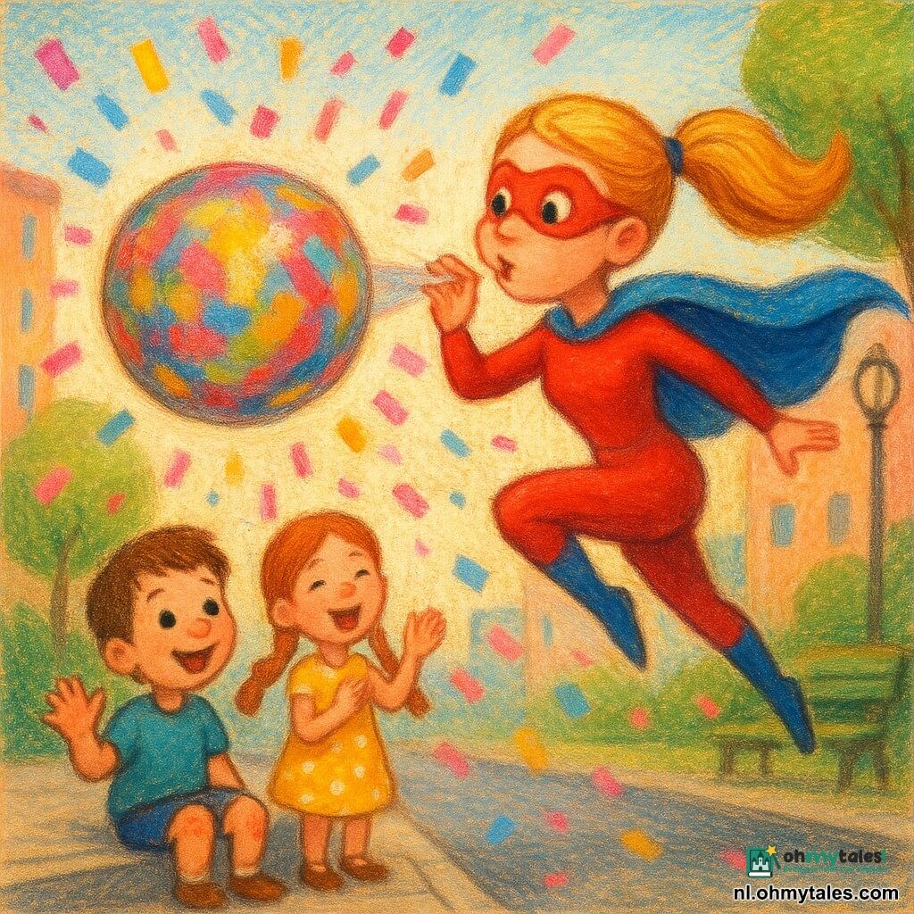 Een ondeugende glimlachende superheldin van in de twintig in een felrood kostuum met blauwe cape en paardenstaart springt in de lucht en blaast een grote meerkleurige stuiterende bal om tot een reusachtige confettiballon terwijl roze, blauwe en gouden stukjes door de lucht dwarrelen; links op het grijze trottoir zit de opgeluchte Tommie (~5) met een licht geschramd knië en kort bruin haar die vrolijk zwaait, achter hem klapt een meisje (~6) in een gele stippenjurk met koperrode vlechten, de scène speelt zich af in een kleurrijke stadsstraat bij een klein park met een groen houten bankje, een gebogen lantaarn en pastelkleurige gevels, en iedereen lacht en wijst vol verwondering.