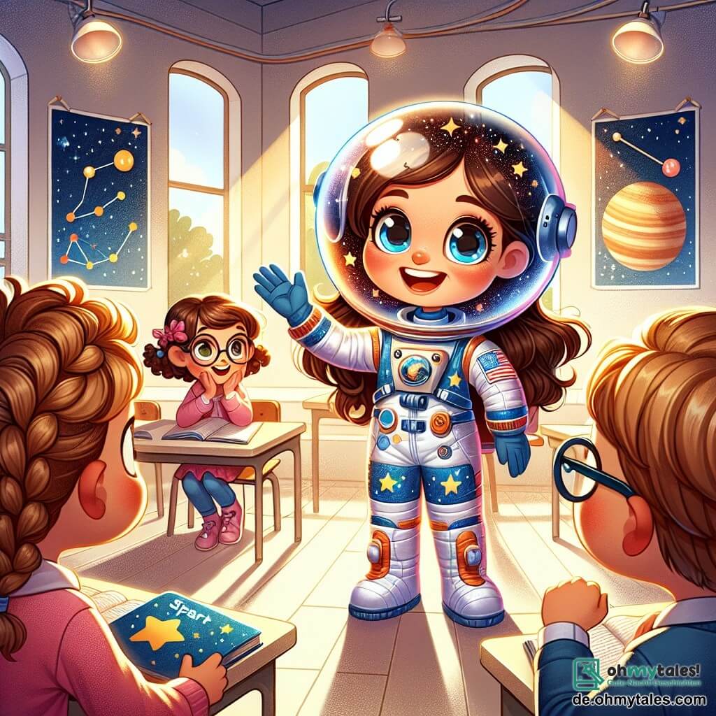 Mia, eine lächelnde Astronautin, steht im Mittelpunkt des Bildes und trägt einen bunten Raumanzug mit Sternenmuster. Ihre Augen strahlen vor Aufregung, während sie den Kindern von ihren Abenteuern erzählt. Sie hat kastanienbraune Haare zu einem Pferdeschwanz gebunden und einen transparenten Helm auf dem Kopf. Um sie herum hören mehrere Kinder aufmerksam zu. Felix, ein 8-jähriger Junge mit runden Brillen und lockigem Haar, hebt begeistert die Hand, um eine Frage zu stellen. Ein kleines Mädchen, Clara, 7 Jahre alt, mit blonden geflochtenen Haaren, schaut Mia mit staunenden Augen an und hält ein Buch über die Sterne in den Händen. Die Szene spielt in einem hellen Klassenzimmer, das mit Postern von Planeten und Sternbildern dekoriert ist. Fenster lassen Sonnenlicht herein, das die neugierigen Gesichter der Kinder beleuchtet. Mia teilt ihre unglaubliche Erfahrung im Weltraum und erklärt, wie sie die Erde von ihrem Raumschiff aus gesehen hat, während die Kinder fasziniert die Wunder des Universums vorstellen.