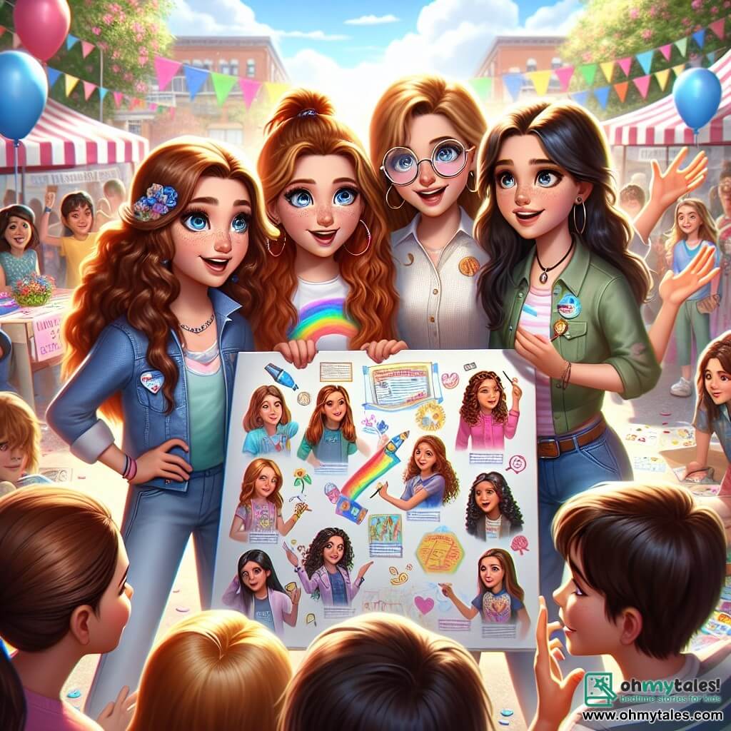 In a lively corner of Willow Creek Square, four eleven-year-old girls stand together, radiating energy. Mia, with her long brown hair and sparkling eyes, is painting a large colorful banner on gender equality. Next to her, Zoe, with golden curls and a bright smile, holds a poster featuring various professions, encouraging children to dream big. Tara, wearing round glasses and with her brown hair tied in a ponytail, is reading an inspiring story aloud to a small group of curious children. Finally, Lila, with black hair and bright eyes, is explaining the rules of an interactive game about gender stereotypes to a group of boys, including Max, who seems intrigued. The place is vibrant and festive, decorated with colorful balloons and stalls, surrounded by blooming flowers. The sun shines in a clear blue sky, and the atmosphere is filled with laughter and lively discussions. The main scene shows the girls united, sharing their passion for gender equality, while the children around them joyfully engage in activities, discovering together the importance of respecting and encouraging everyone's dreams, regardless of their gender.